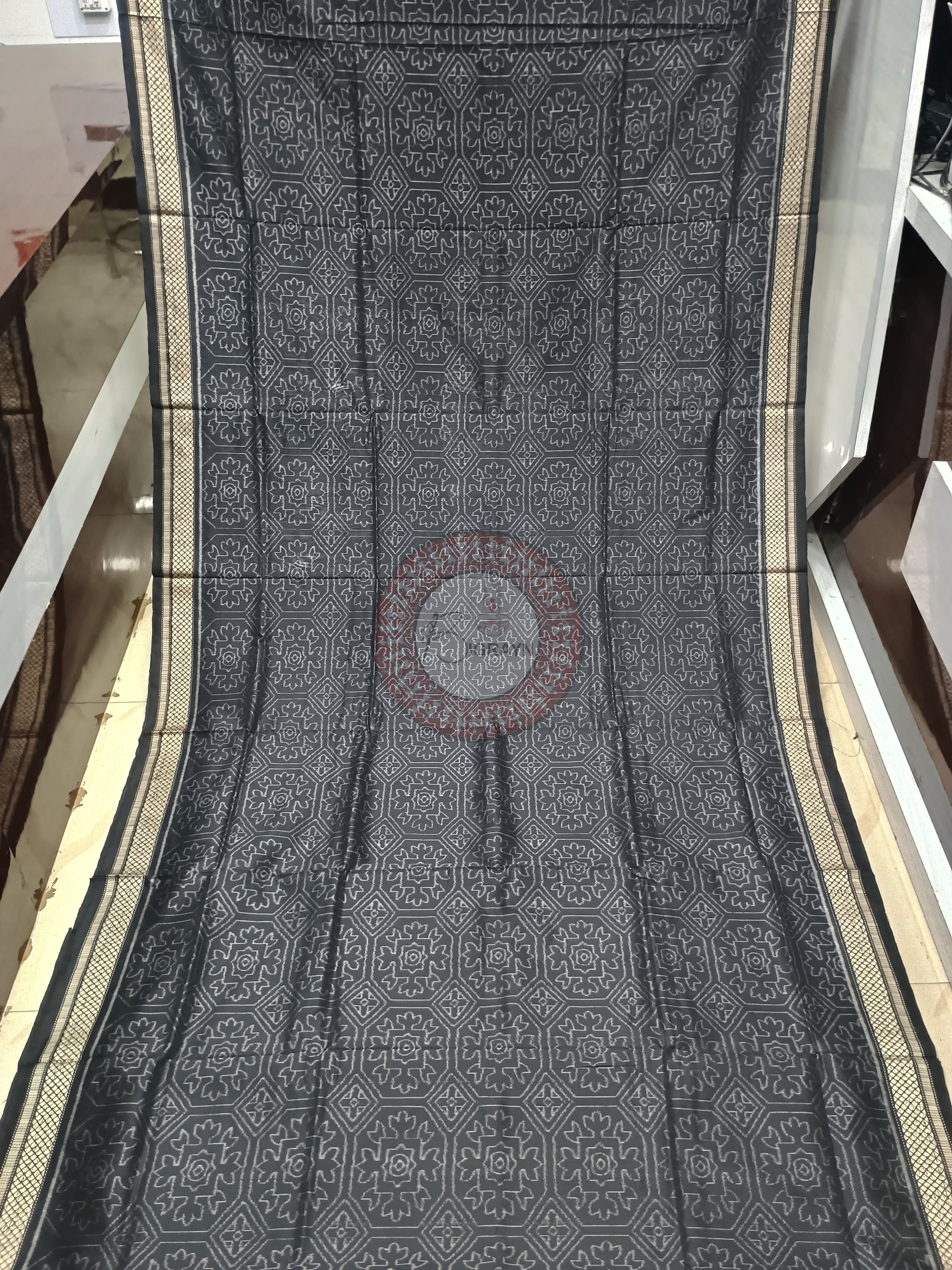 Black Laxmi Yantra Natural Dye Silk Saree