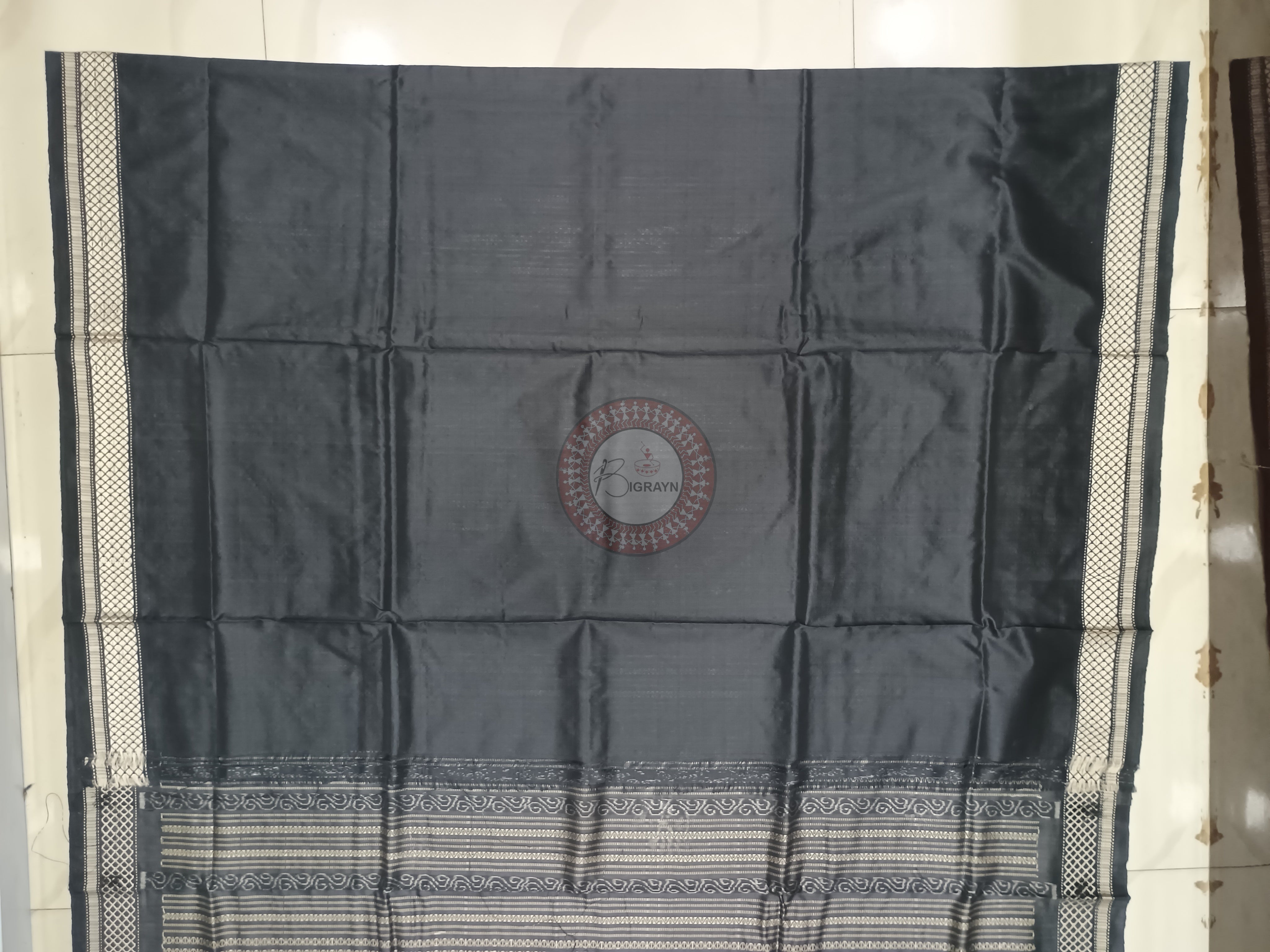 Black Laxmi Yantra Natural Dye Silk Saree