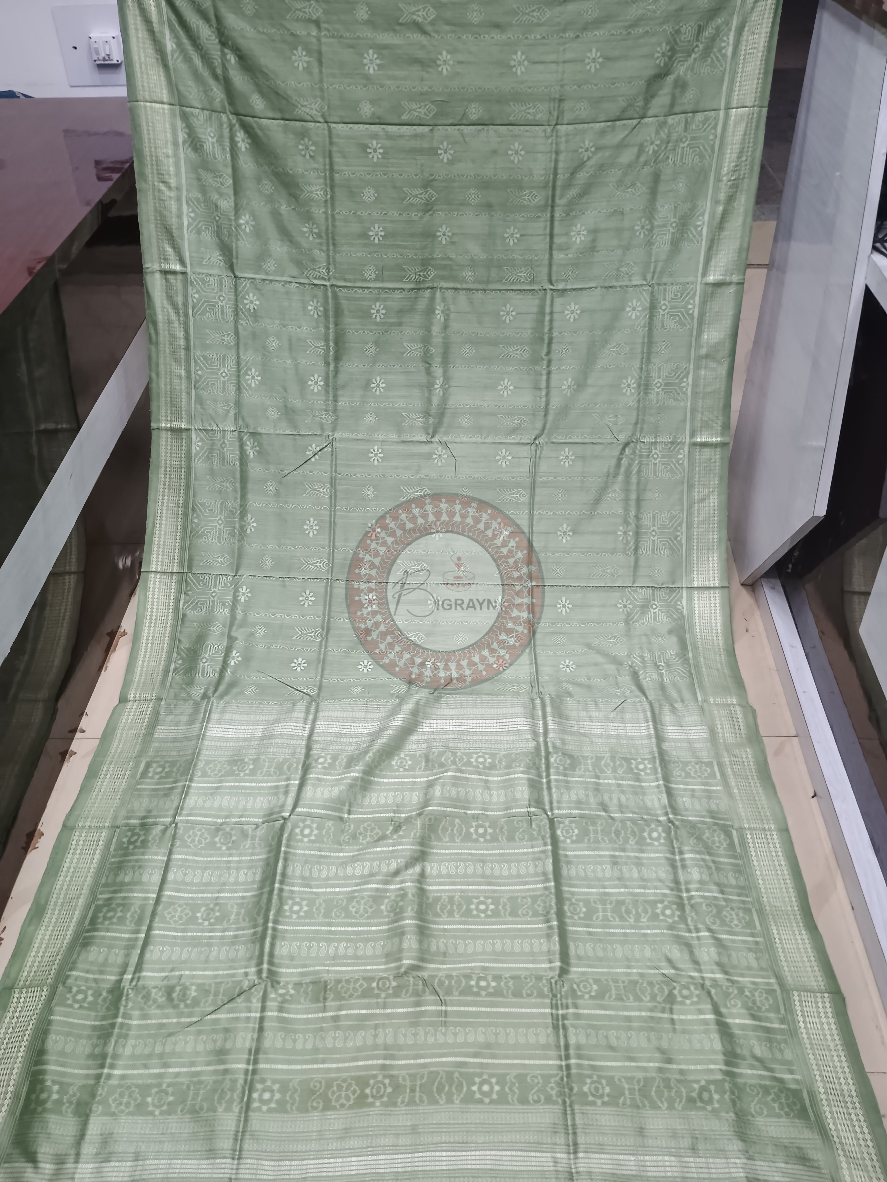 Mint Fish And Flowers Design Natural Dye Sambalpuri Silk Saree