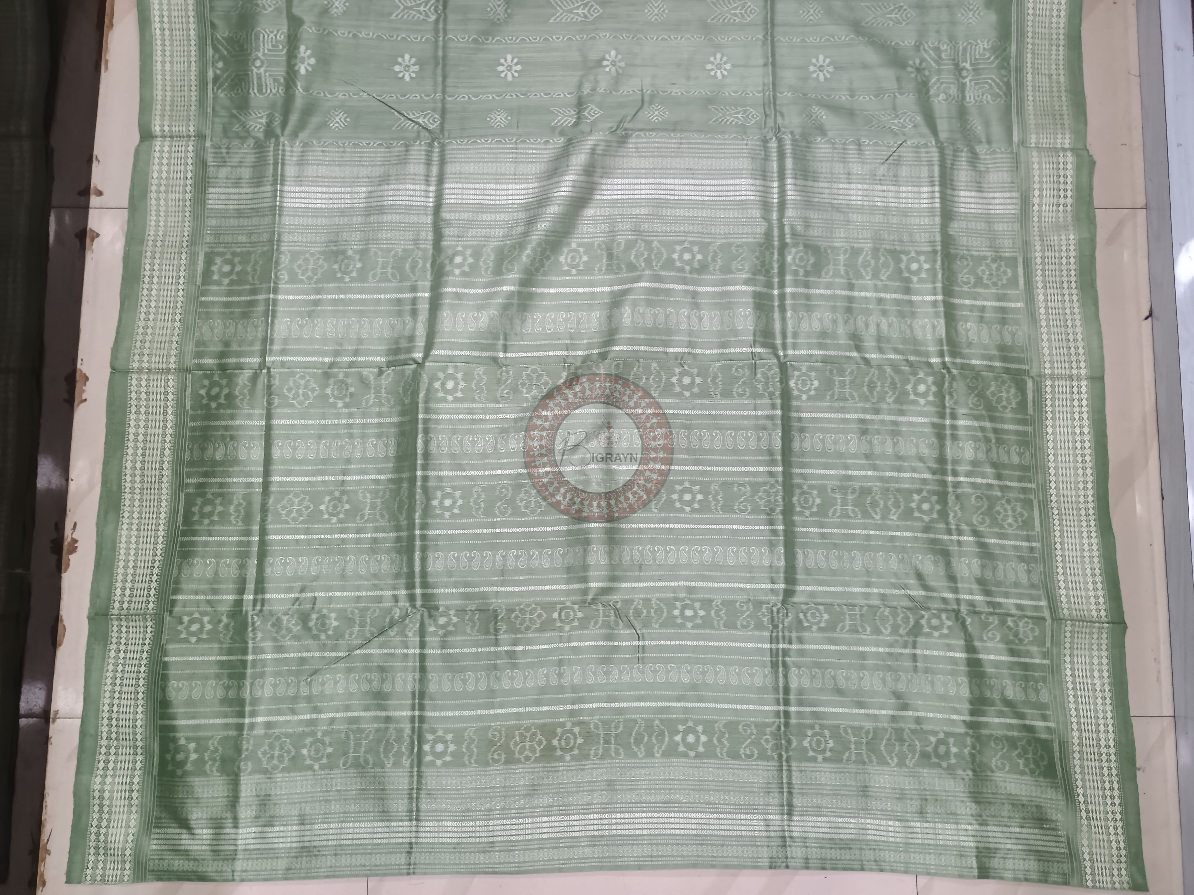 Mint Fish And Flowers Design Natural Dye Sambalpuri Silk Saree