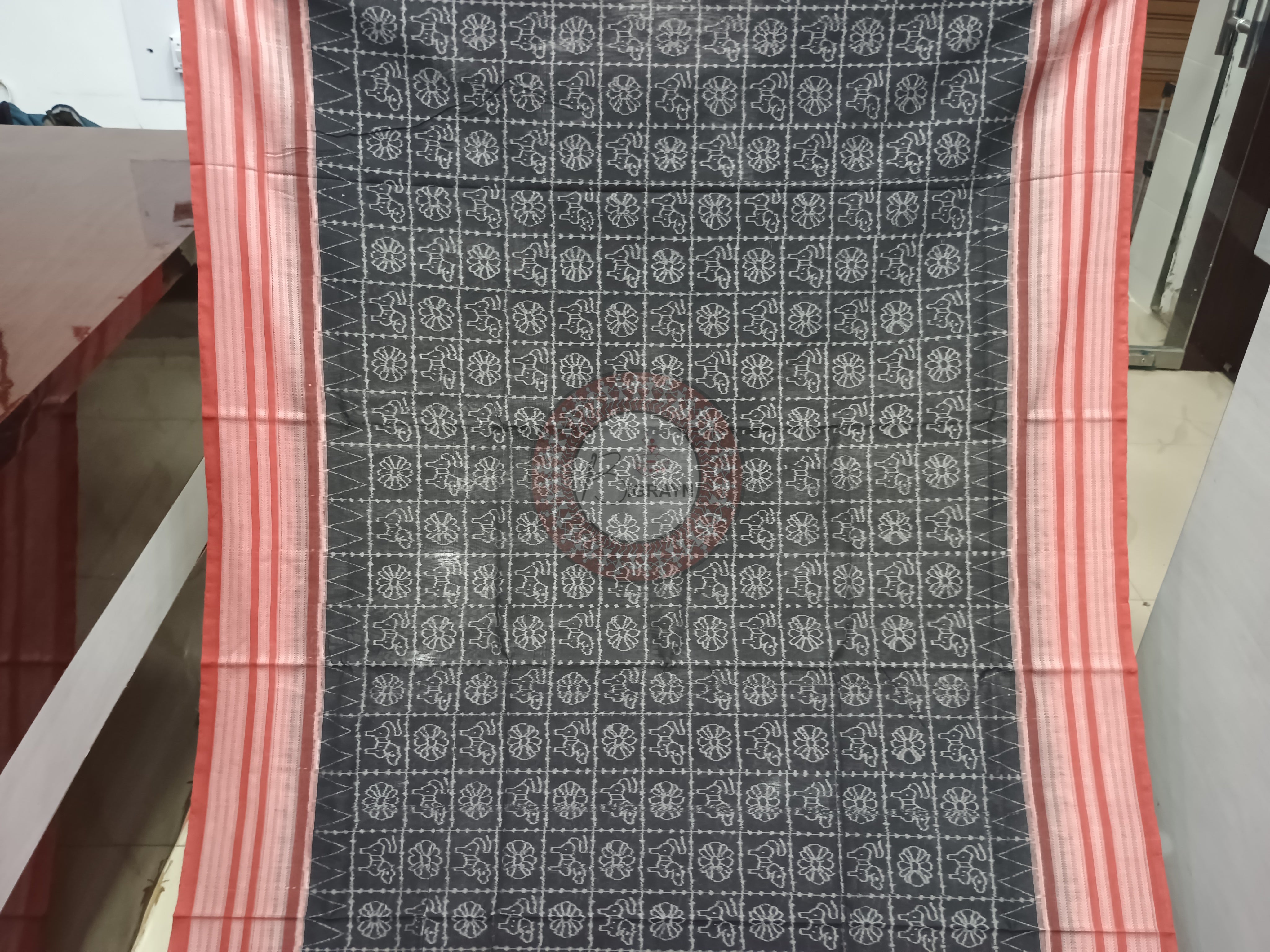 Black Maroon Flower Animal Design Natural Dye Cotton Saree