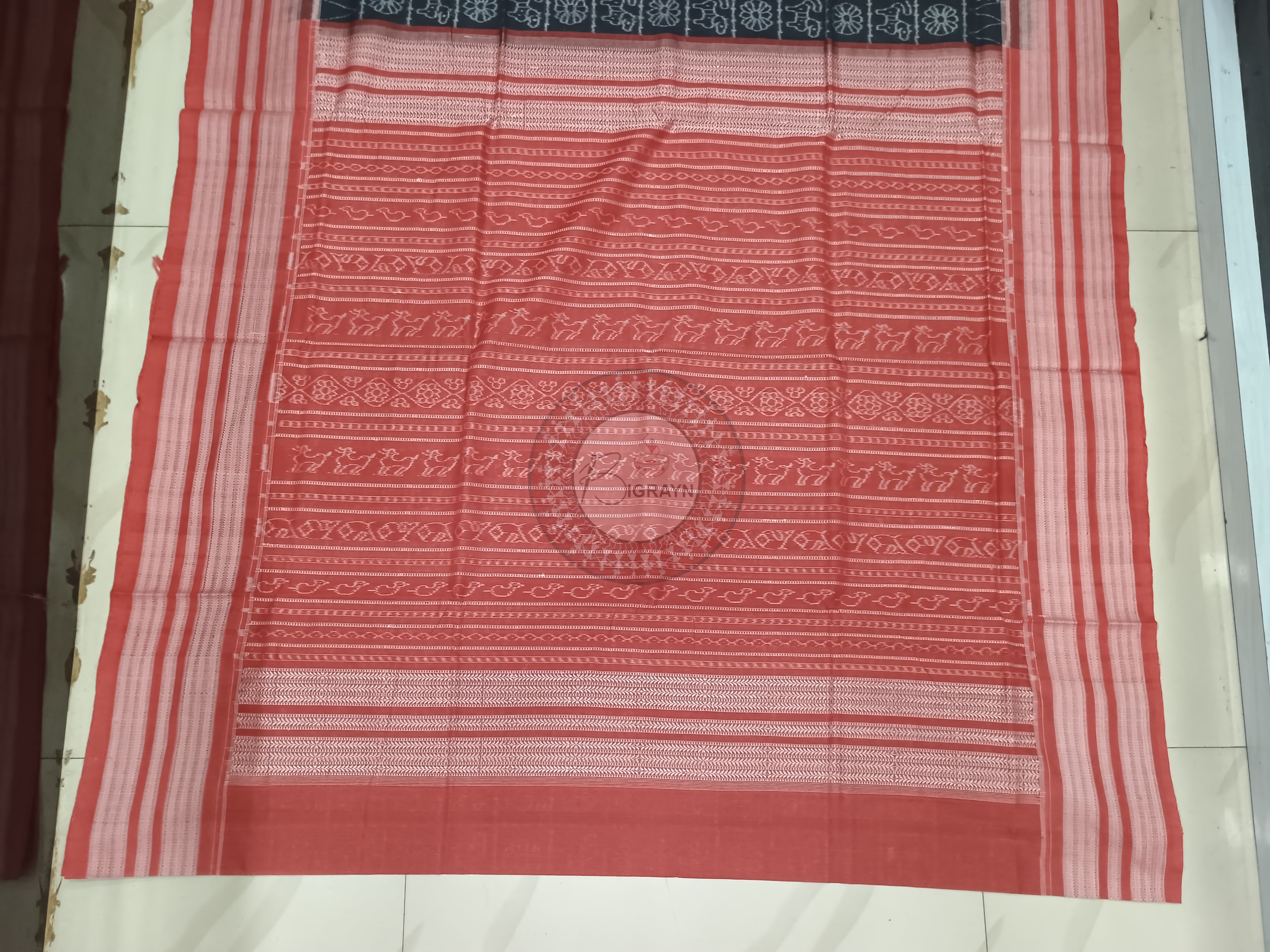 Black Maroon Flower Animal Design Natural Dye Cotton Saree