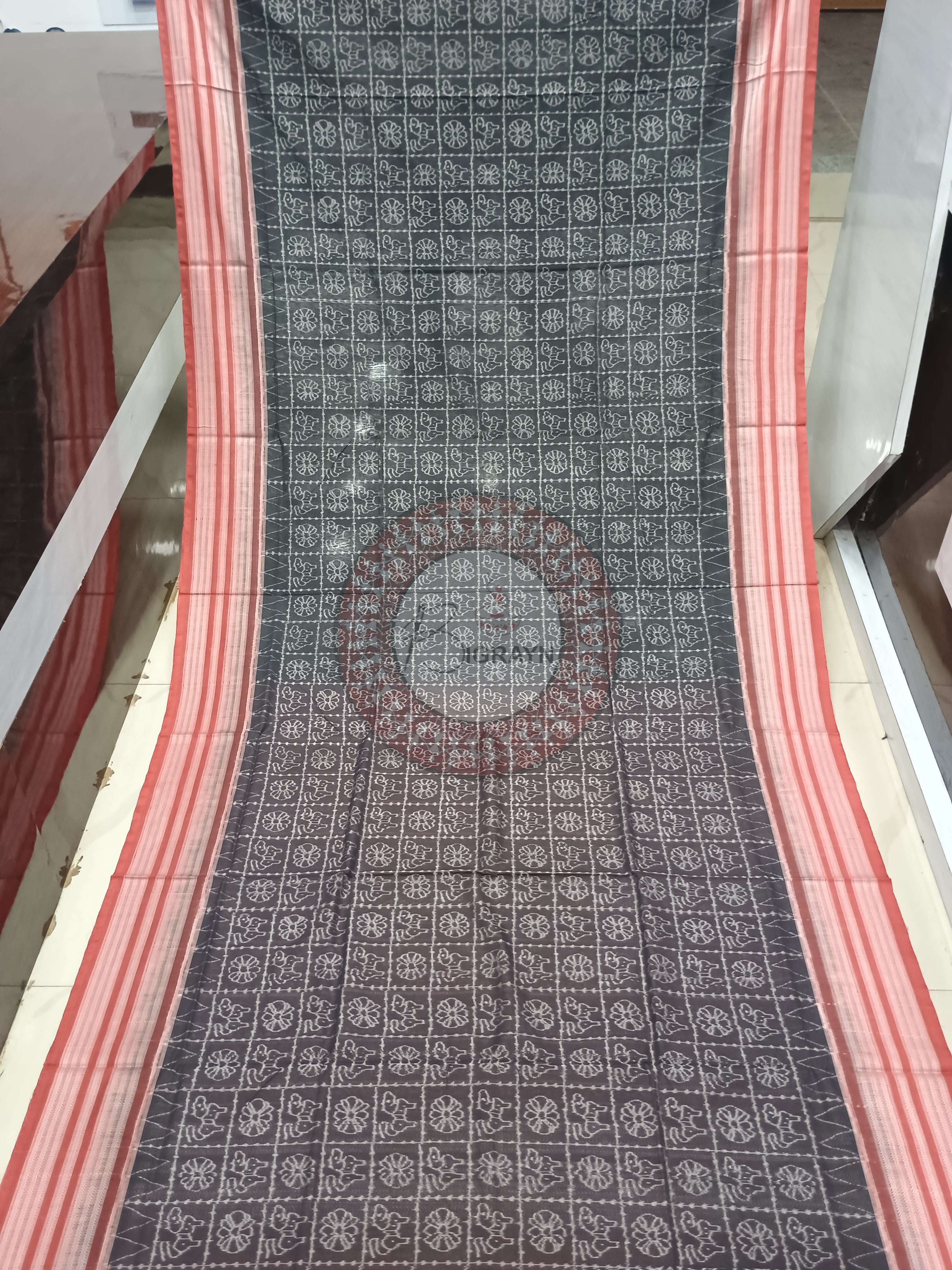 Black Maroon Flower Animal Design Natural Dye Cotton Saree