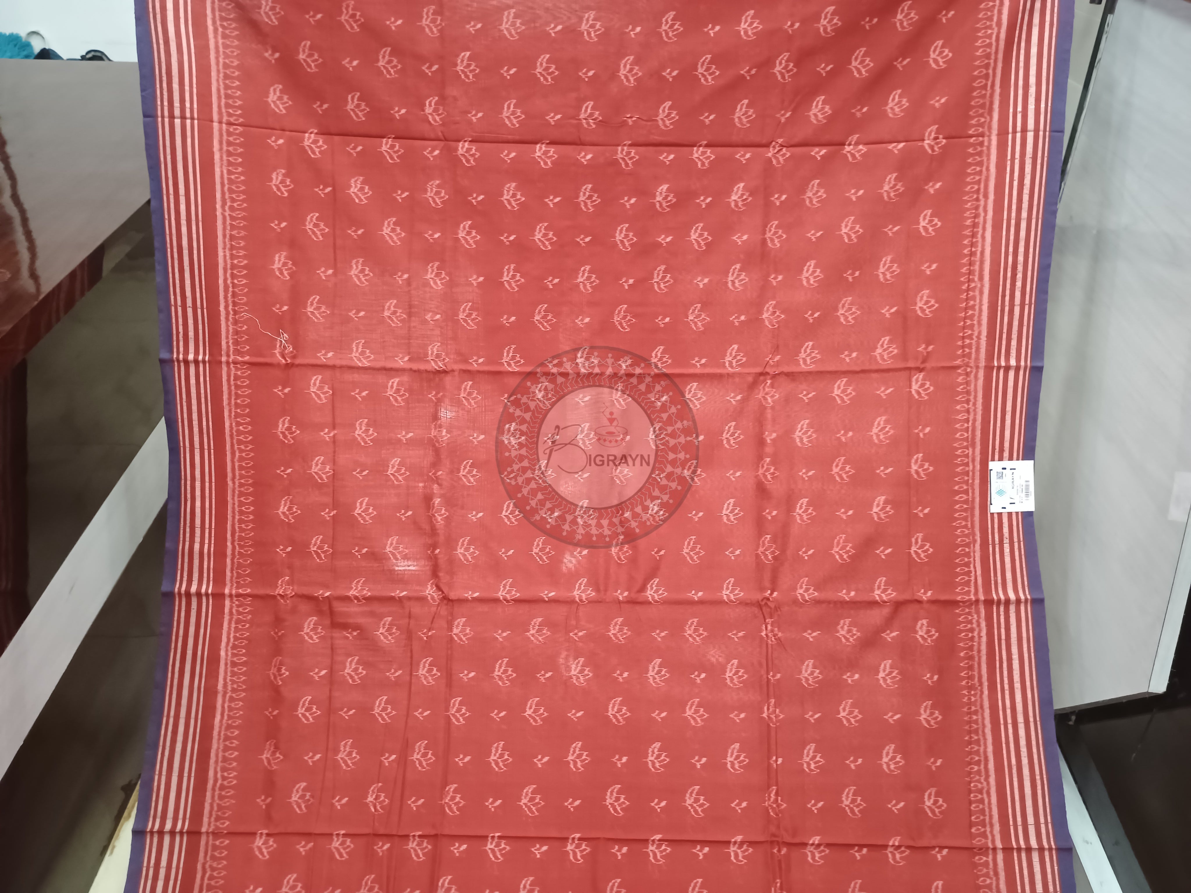 Light Red Flower Design Natural Dye Cotton Saree