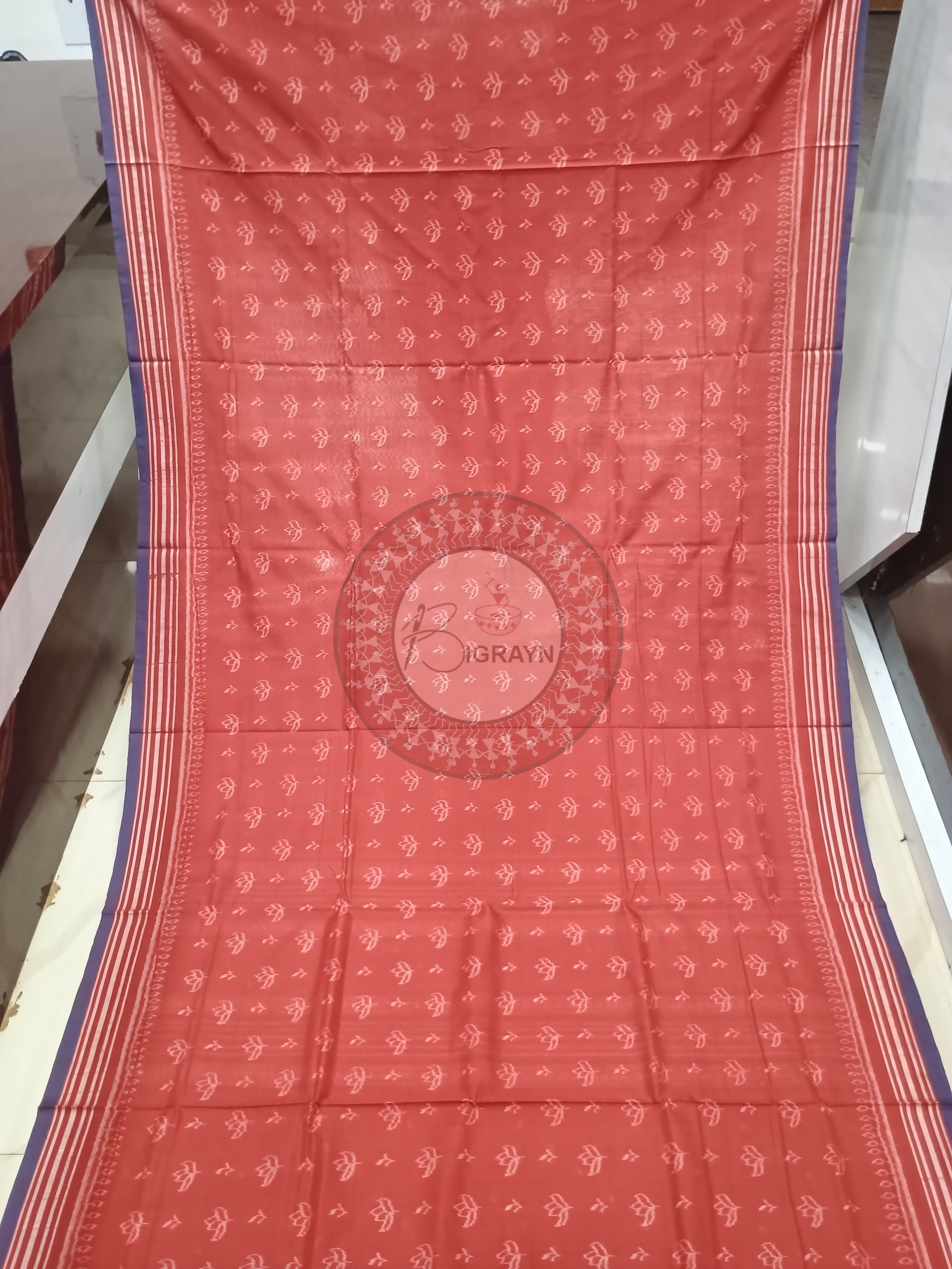 Light Red Flower Design Natural Dye Cotton Saree