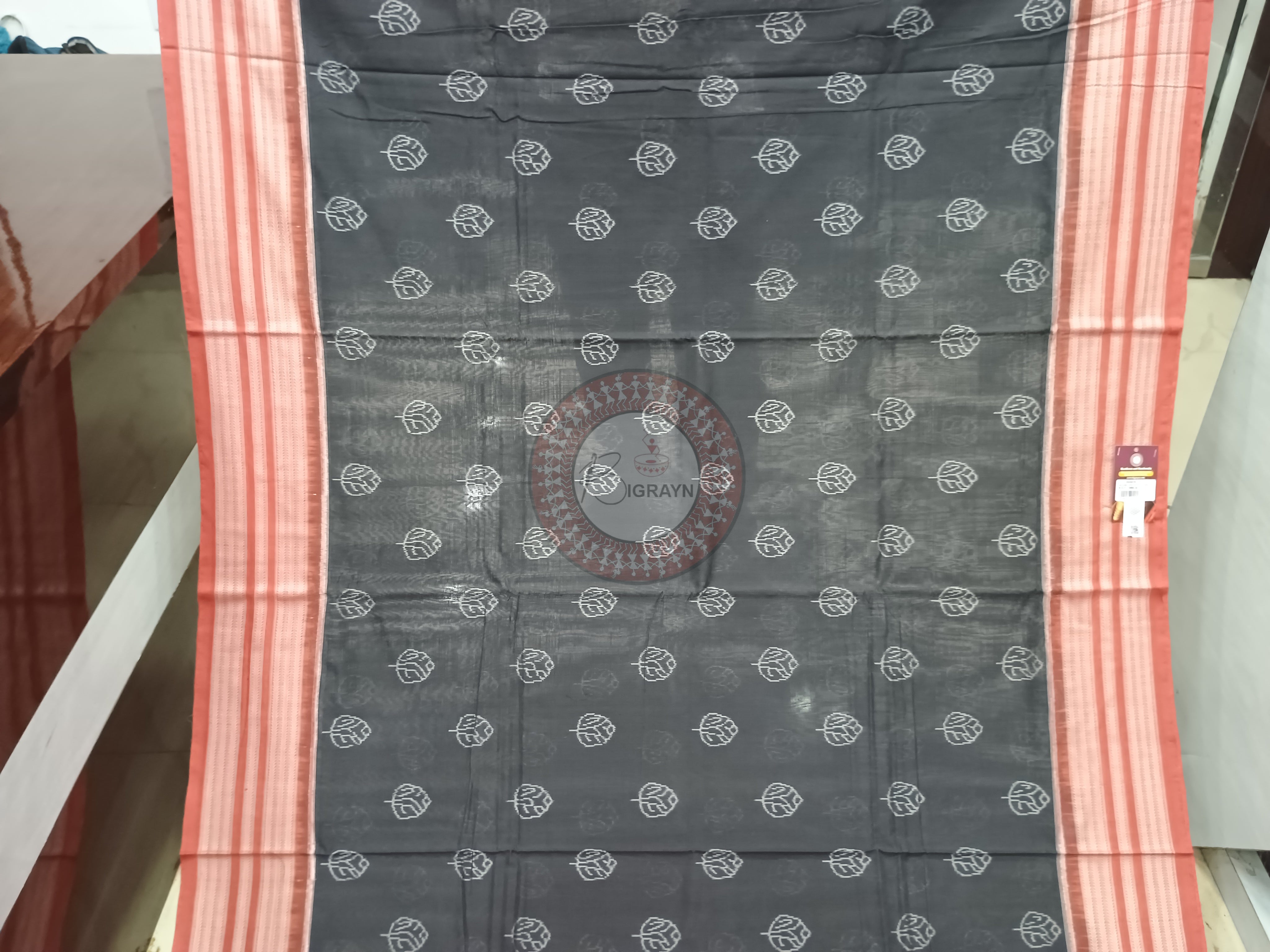 Black Maroon Leaf Design Natural Dye Cotton Saree
