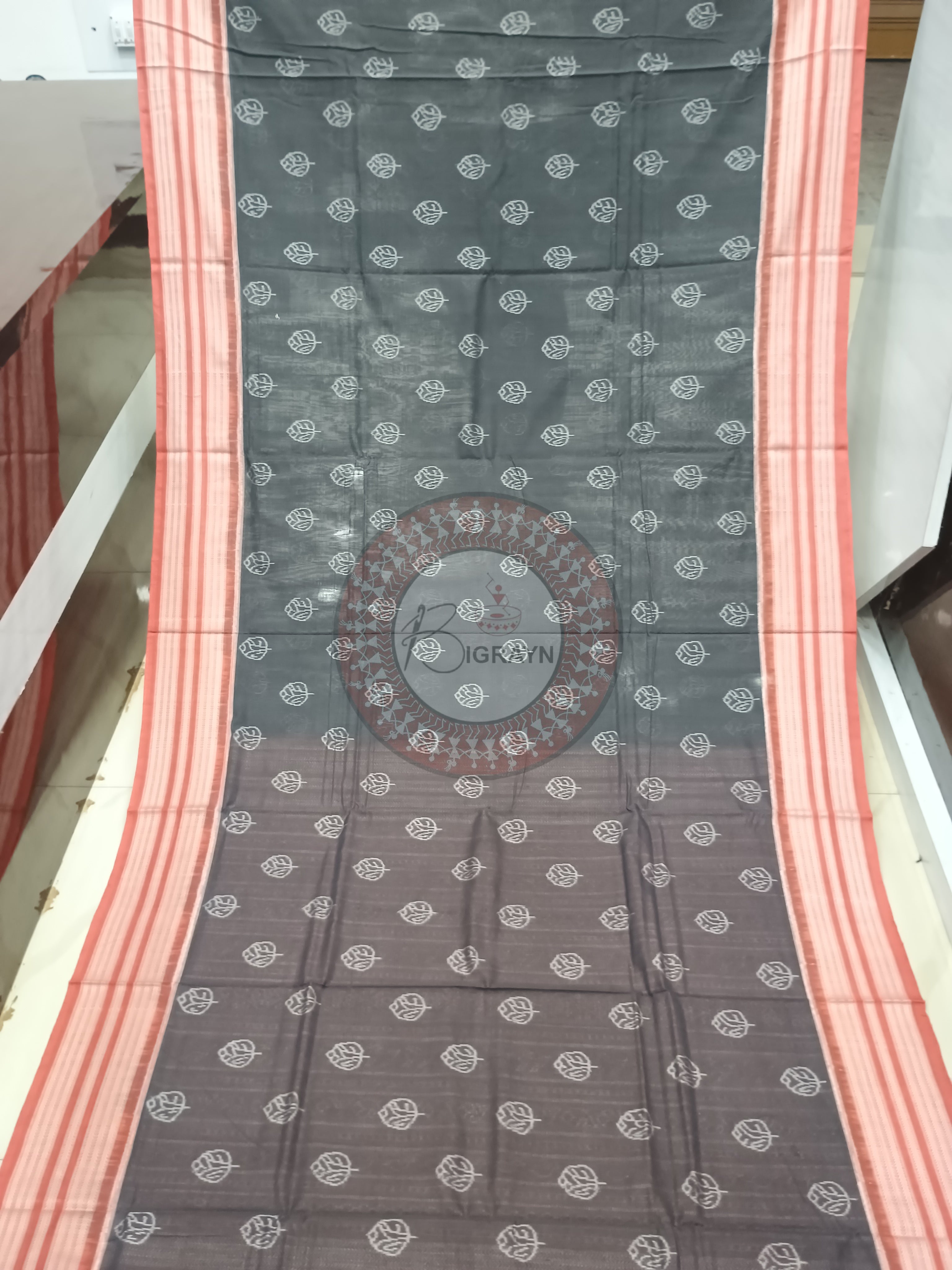 Black Maroon Leaf Design Natural Dye Cotton Saree