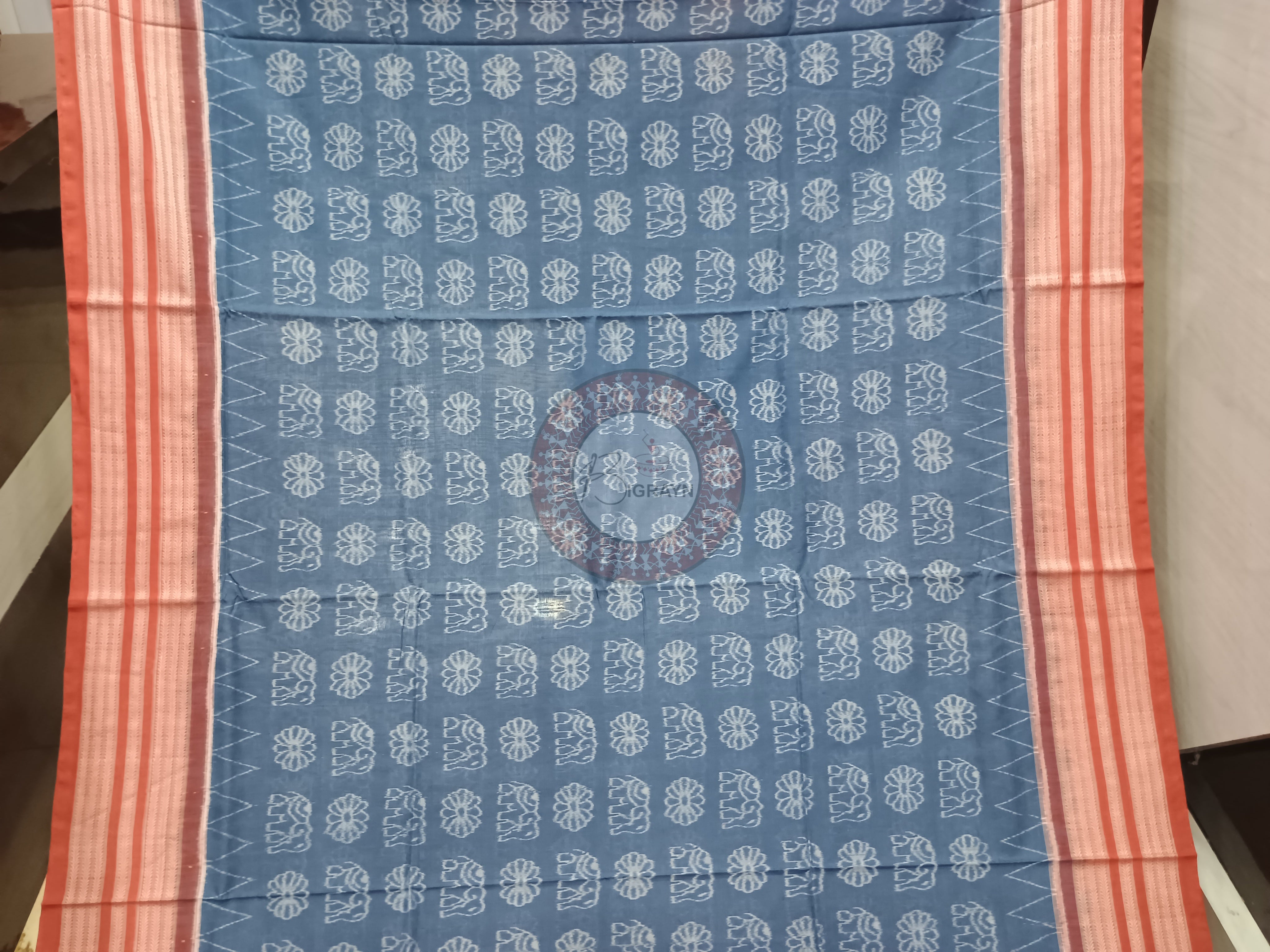 Indigo Blue Maroon Flower Elephant Design Natural Dye Cotton Saree