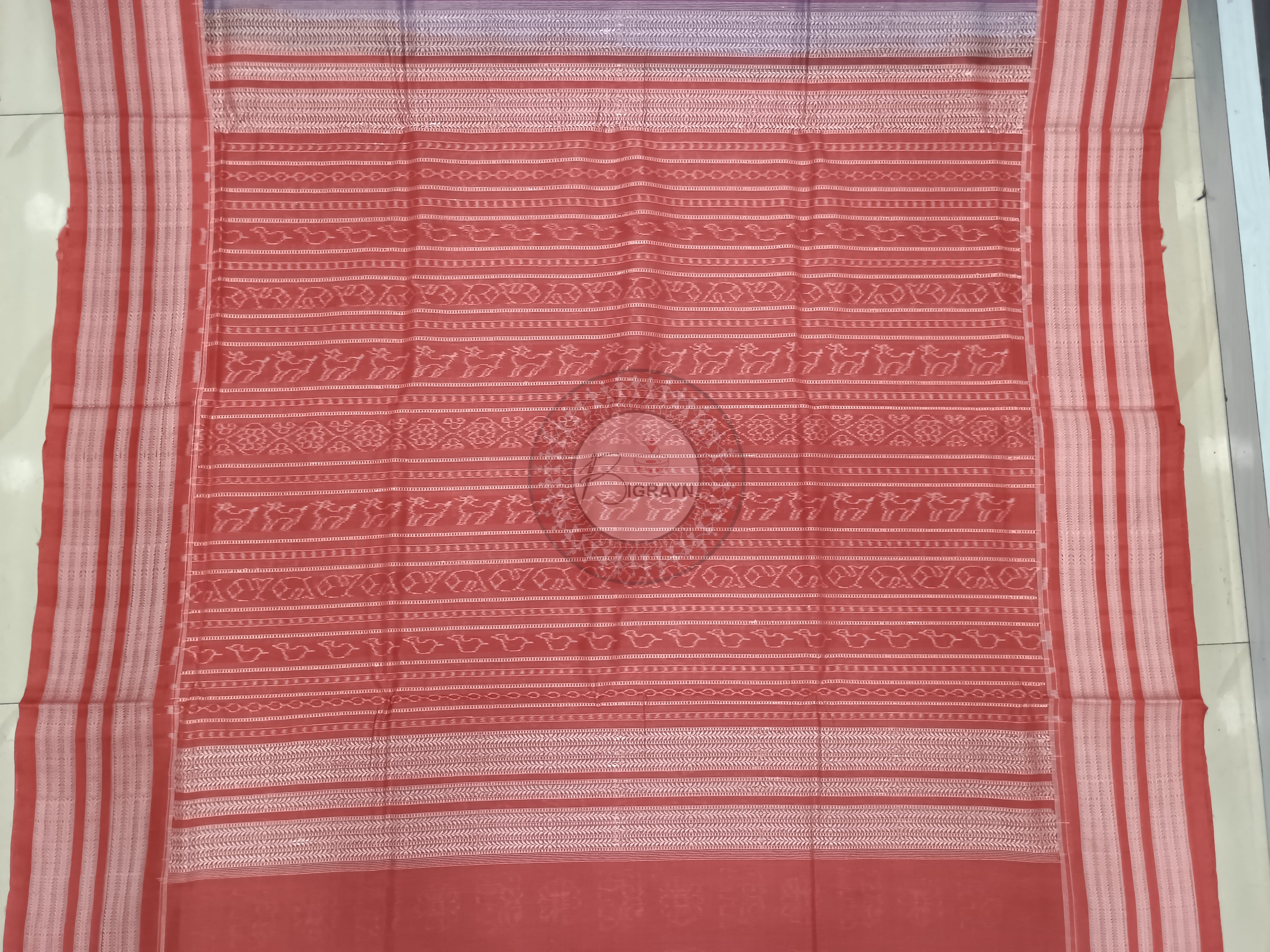 Indigo Blue Maroon Flower Elephant Design Natural Dye Cotton Saree