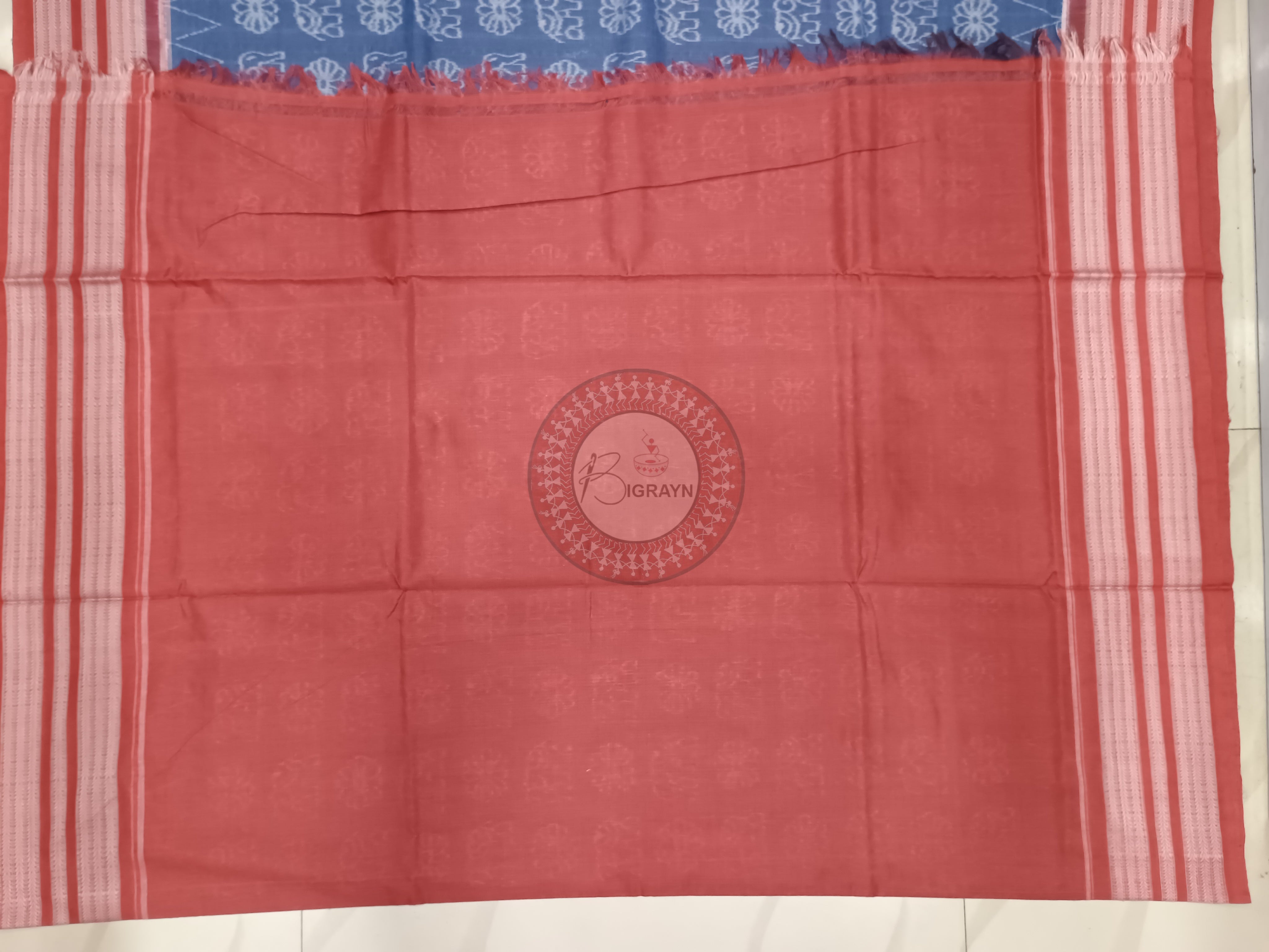 Indigo Blue Maroon Flower Elephant Design Natural Dye Cotton Saree
