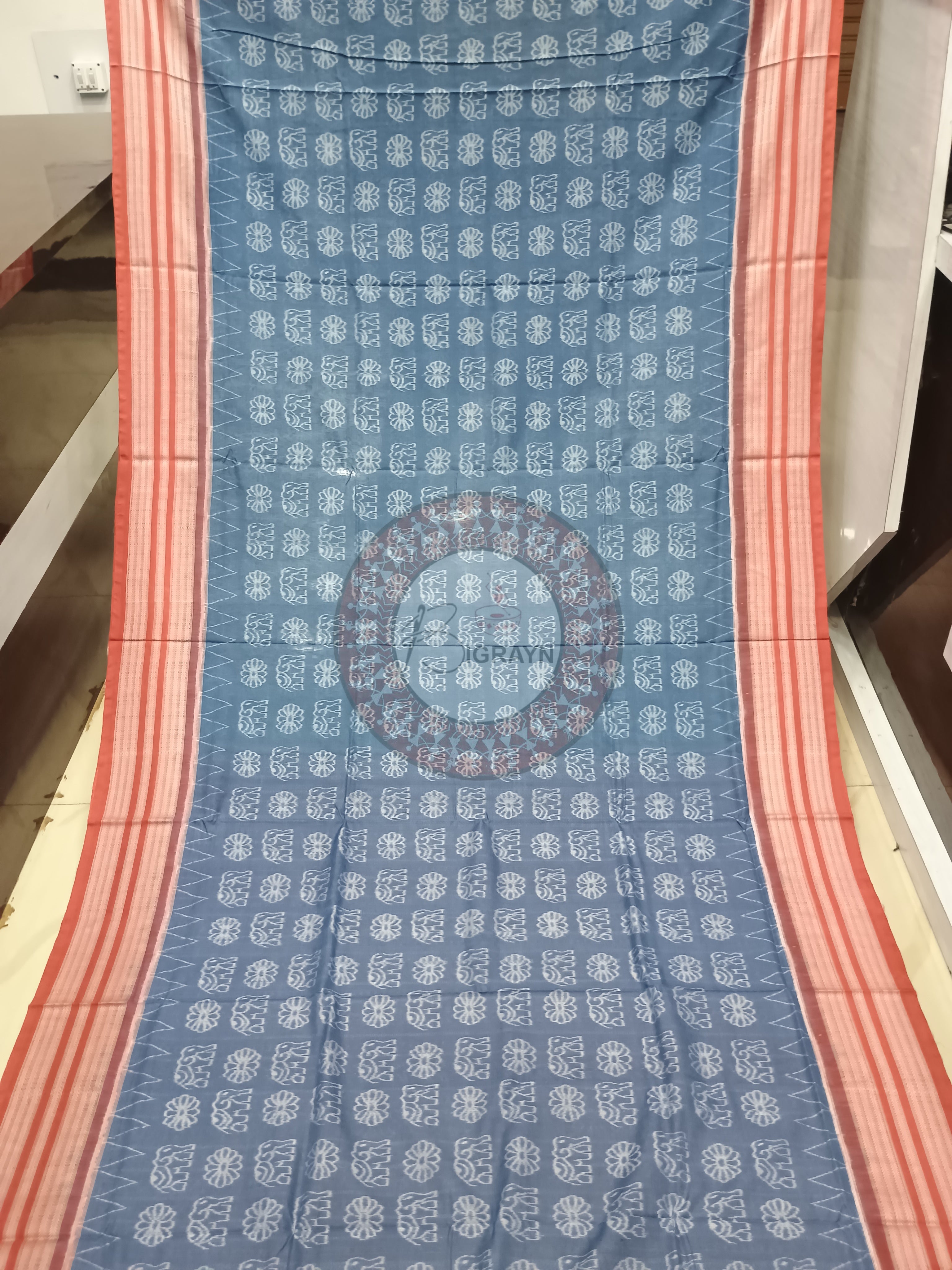 Indigo Blue Maroon Flower Elephant Design Natural Dye Cotton Saree