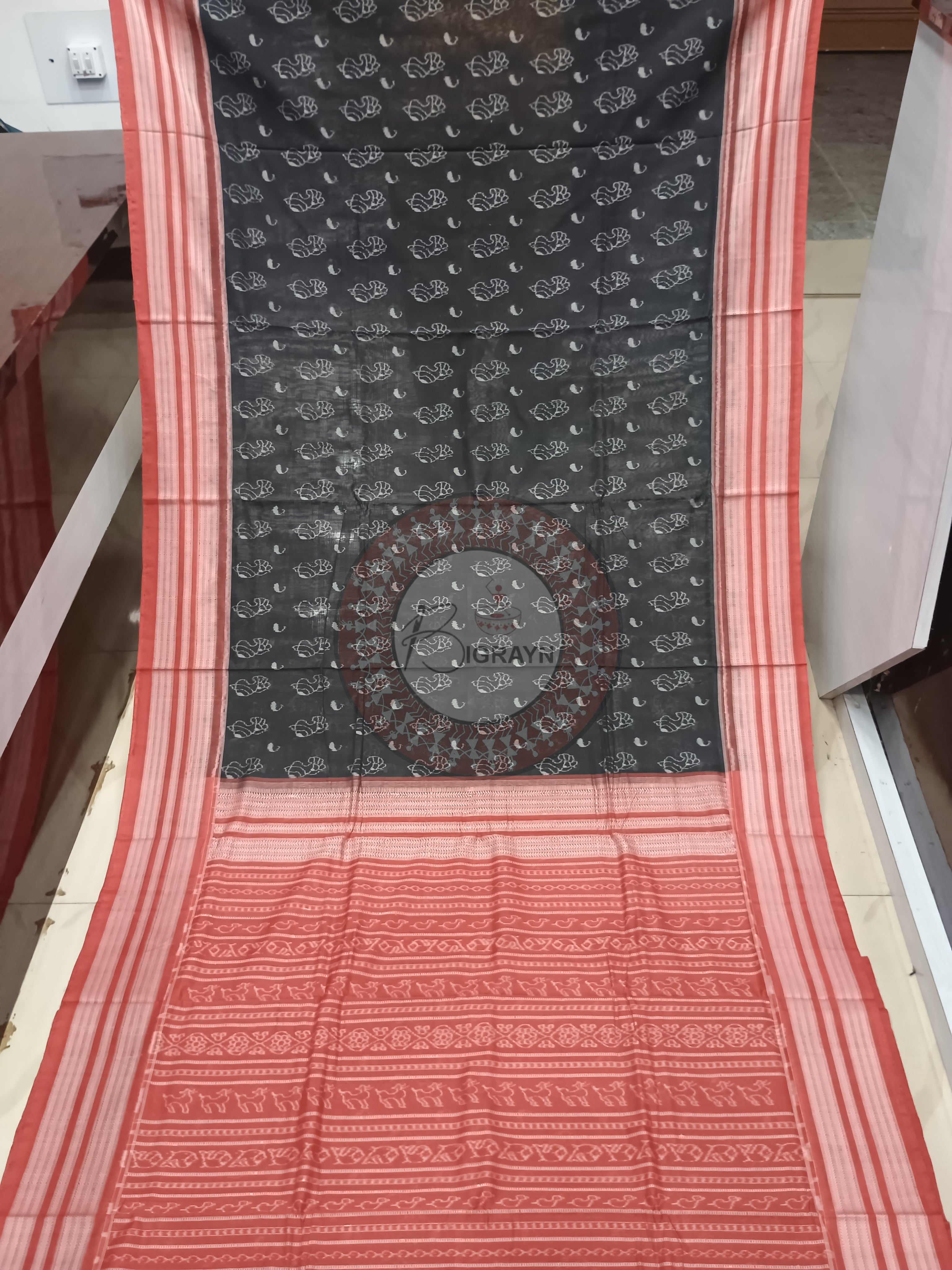 Black Maroon Flower Design Natural Dye Cotton Saree