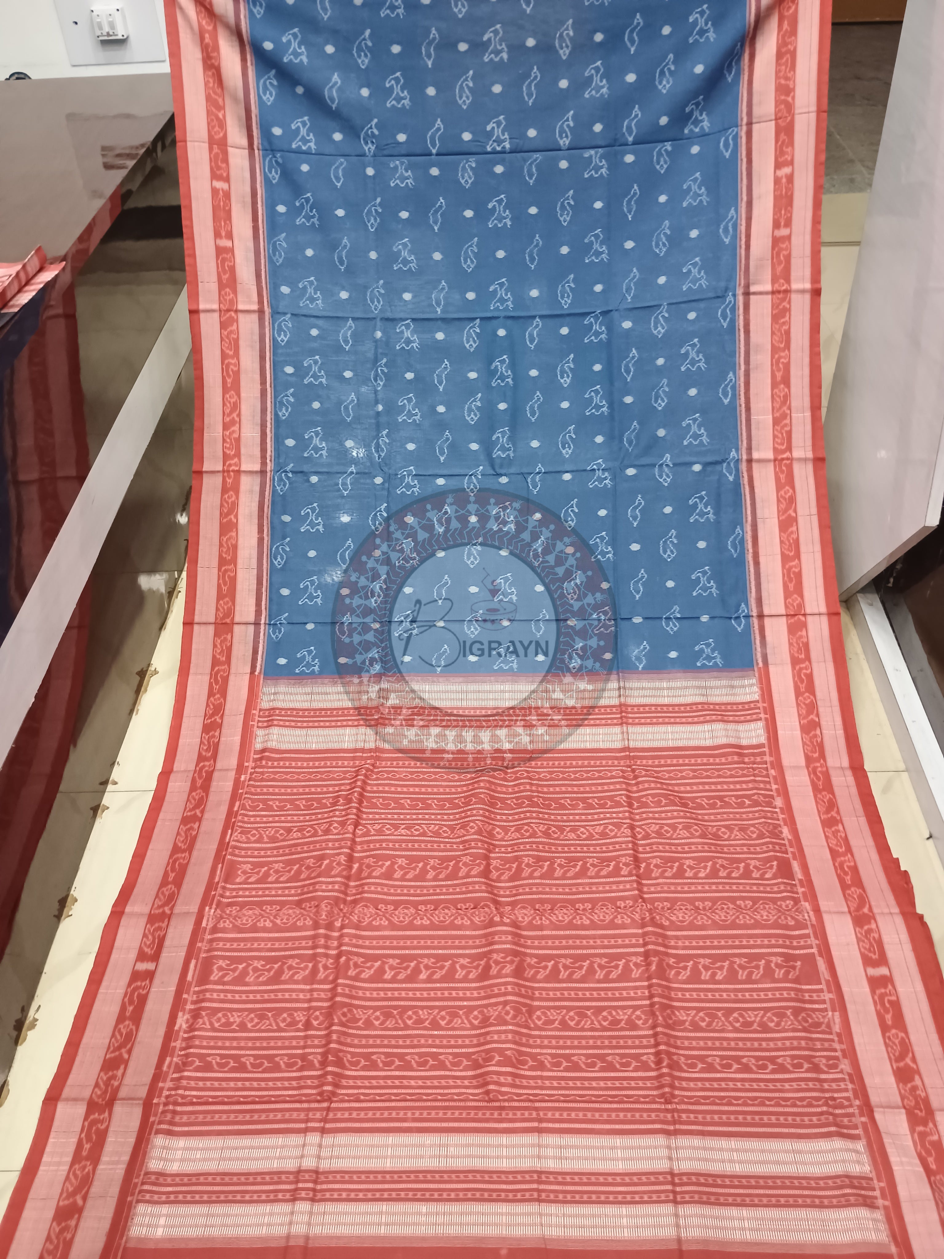 Indigo Blue Maroon Animal Design Natural Dye Cotton Saree
