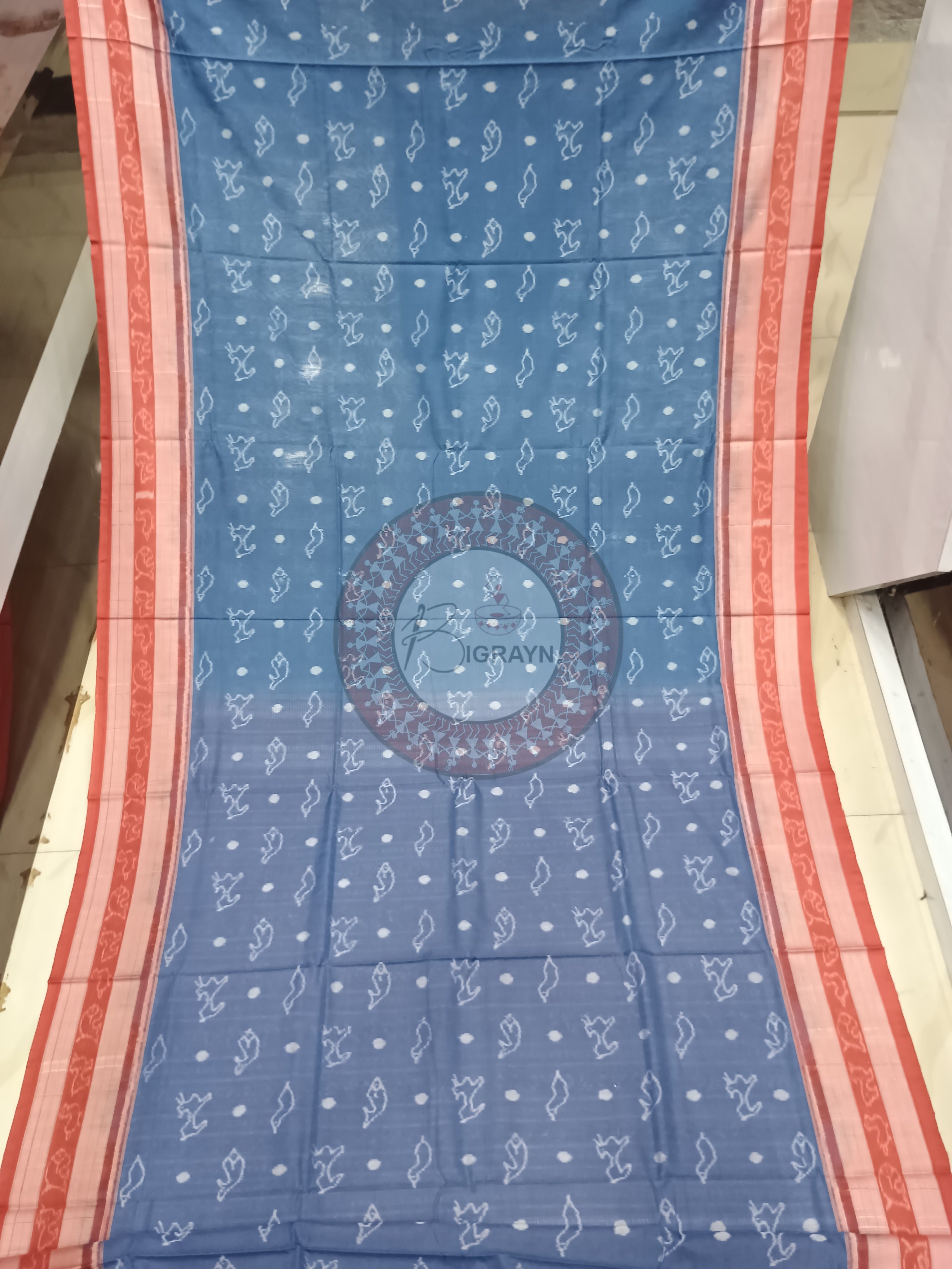 Indigo Blue Maroon Animal Design Natural Dye Cotton Saree