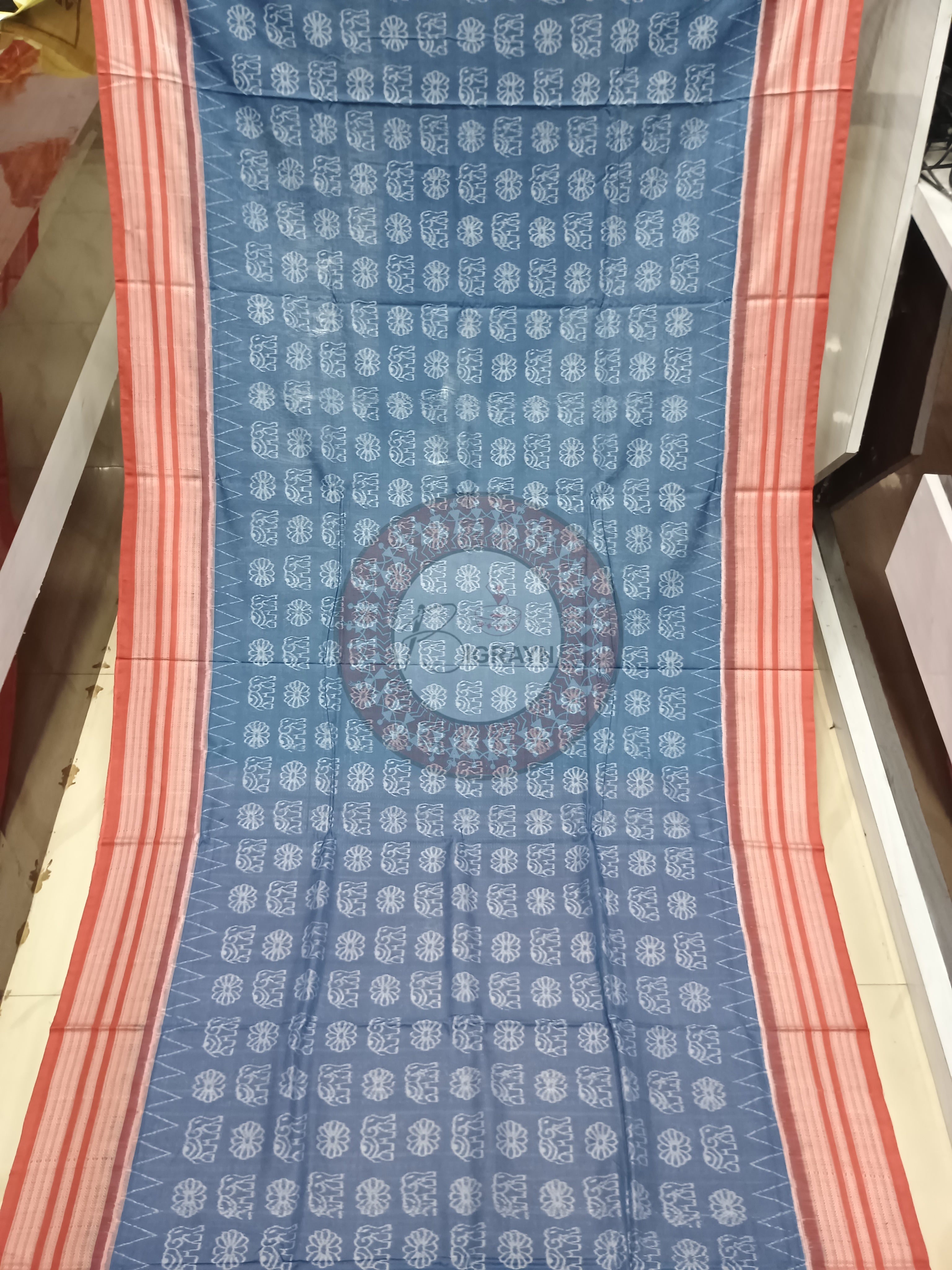 Indigo Blue Maroon Star Flower Design Natural Dye Cotton Saree