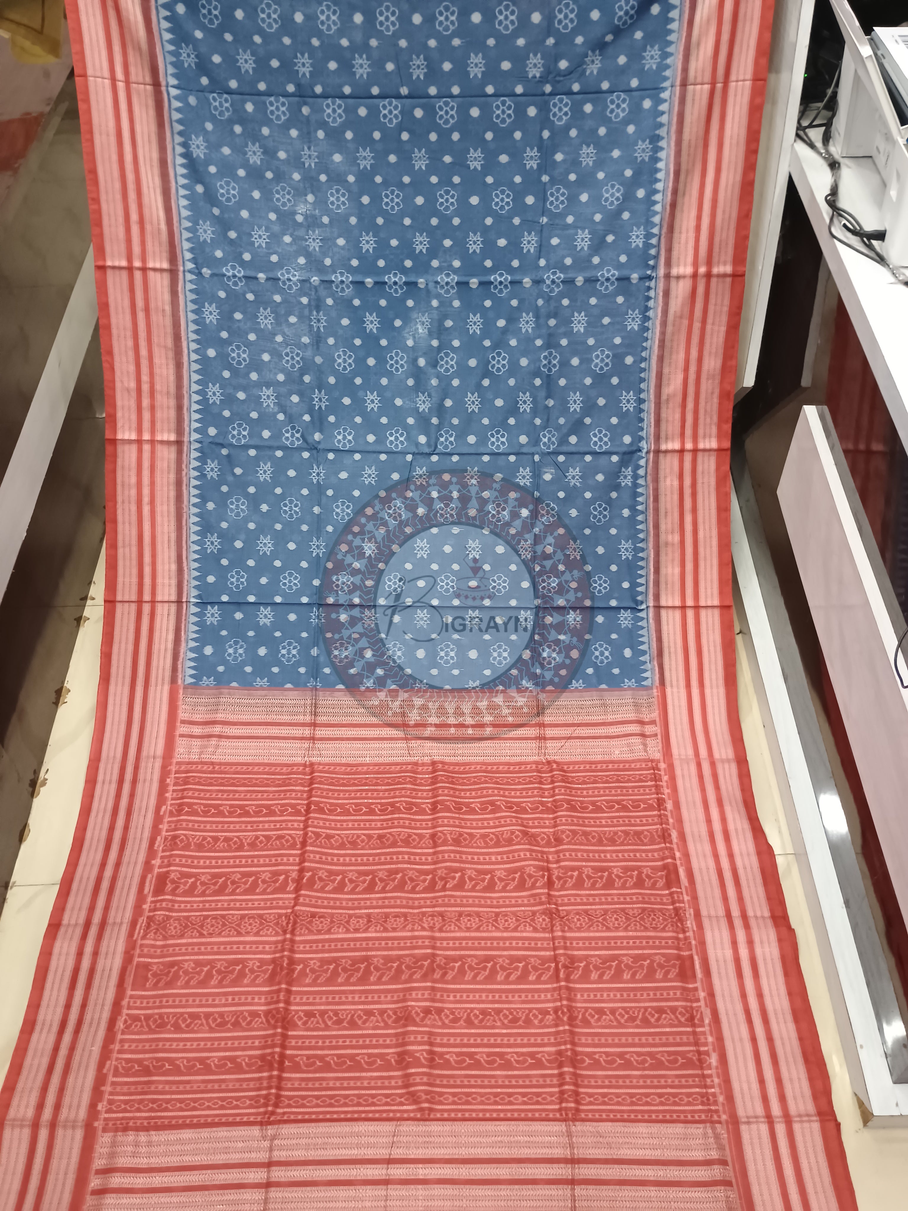 Indigo Blue Maroon Star Flower Design Natural Dye Cotton Saree