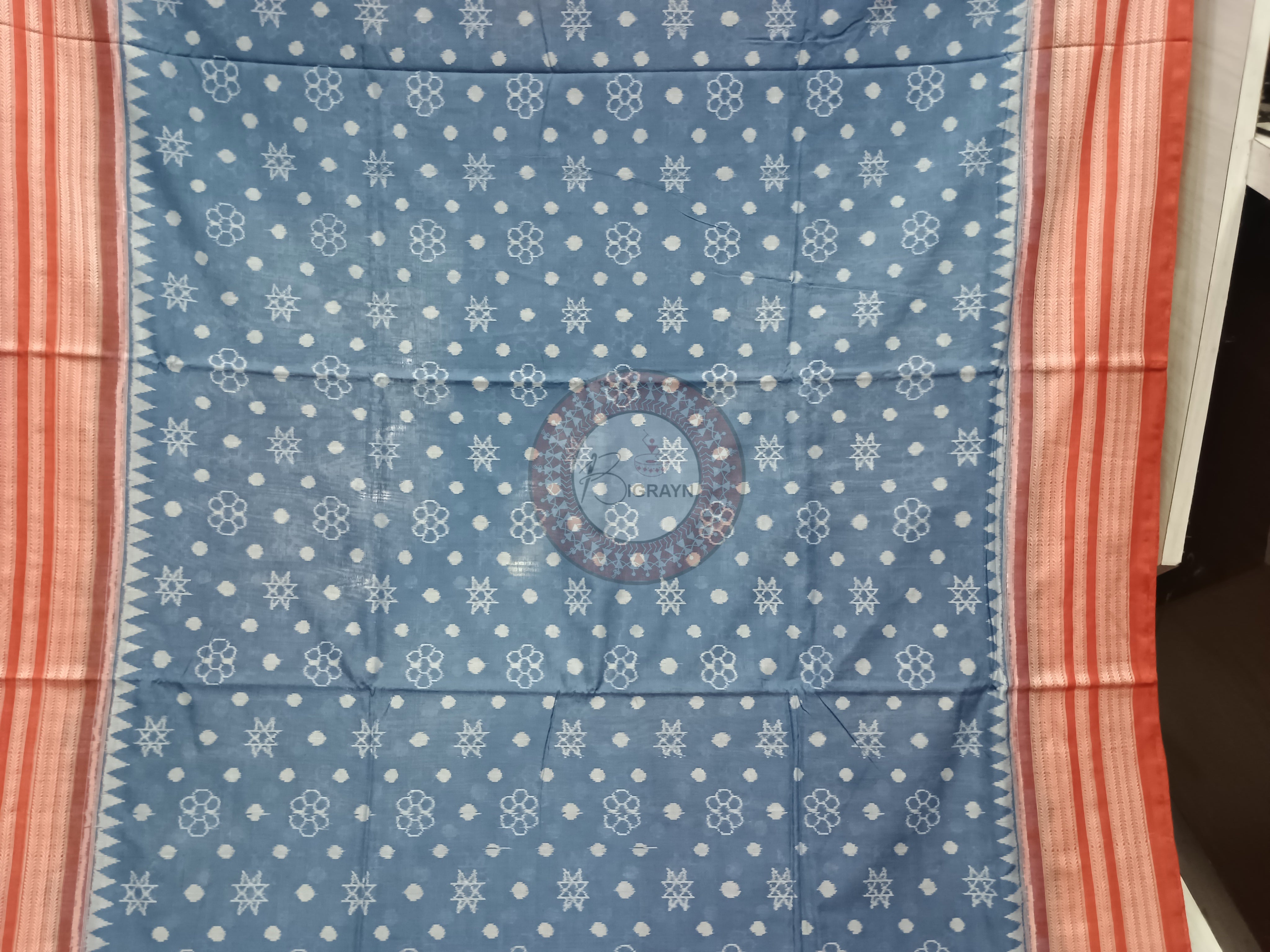 Indigo Blue Maroon Star Flower Design Natural Dye Cotton Saree