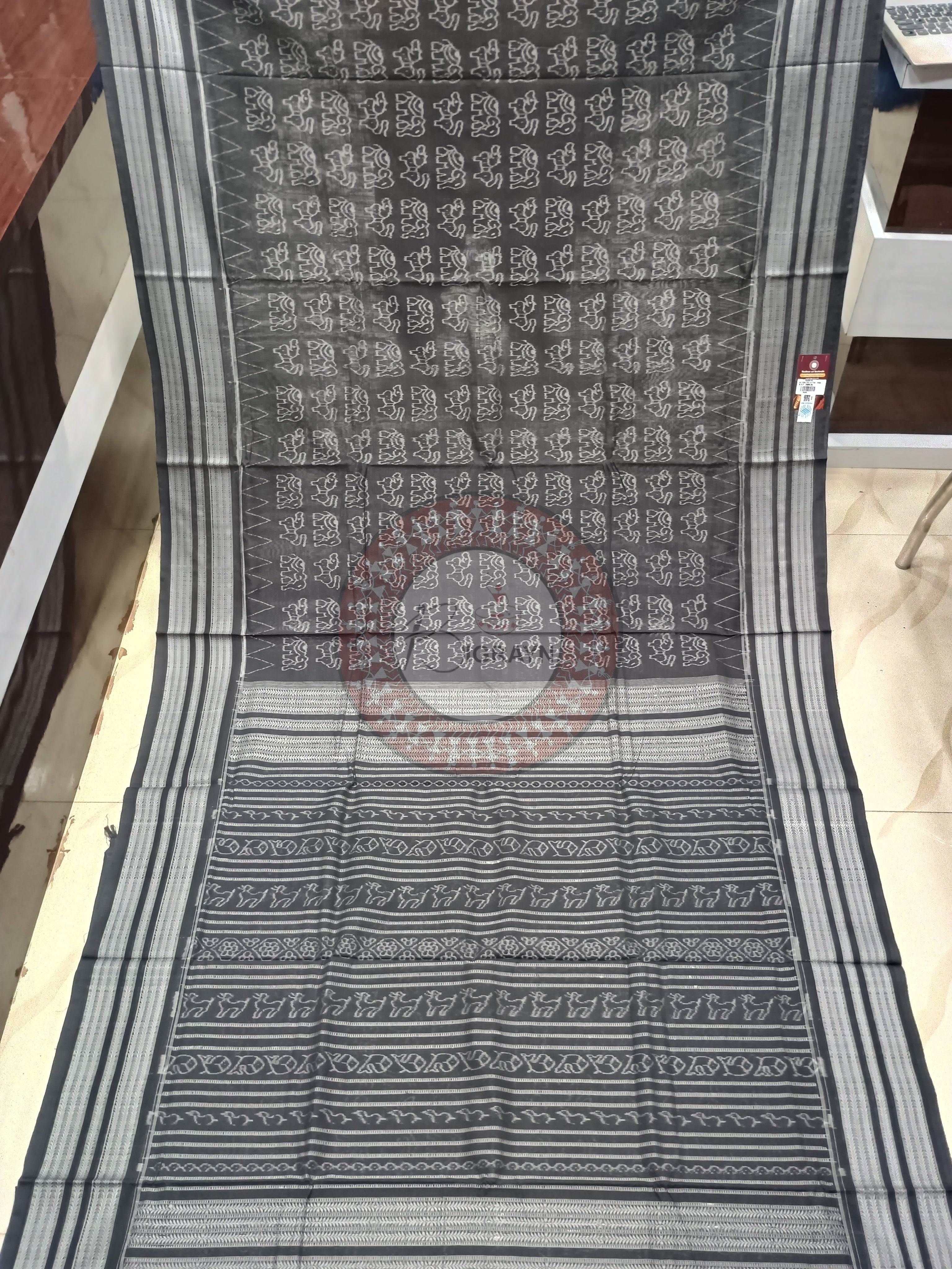 Black White Animal Design Natural Dye Cotton Saree