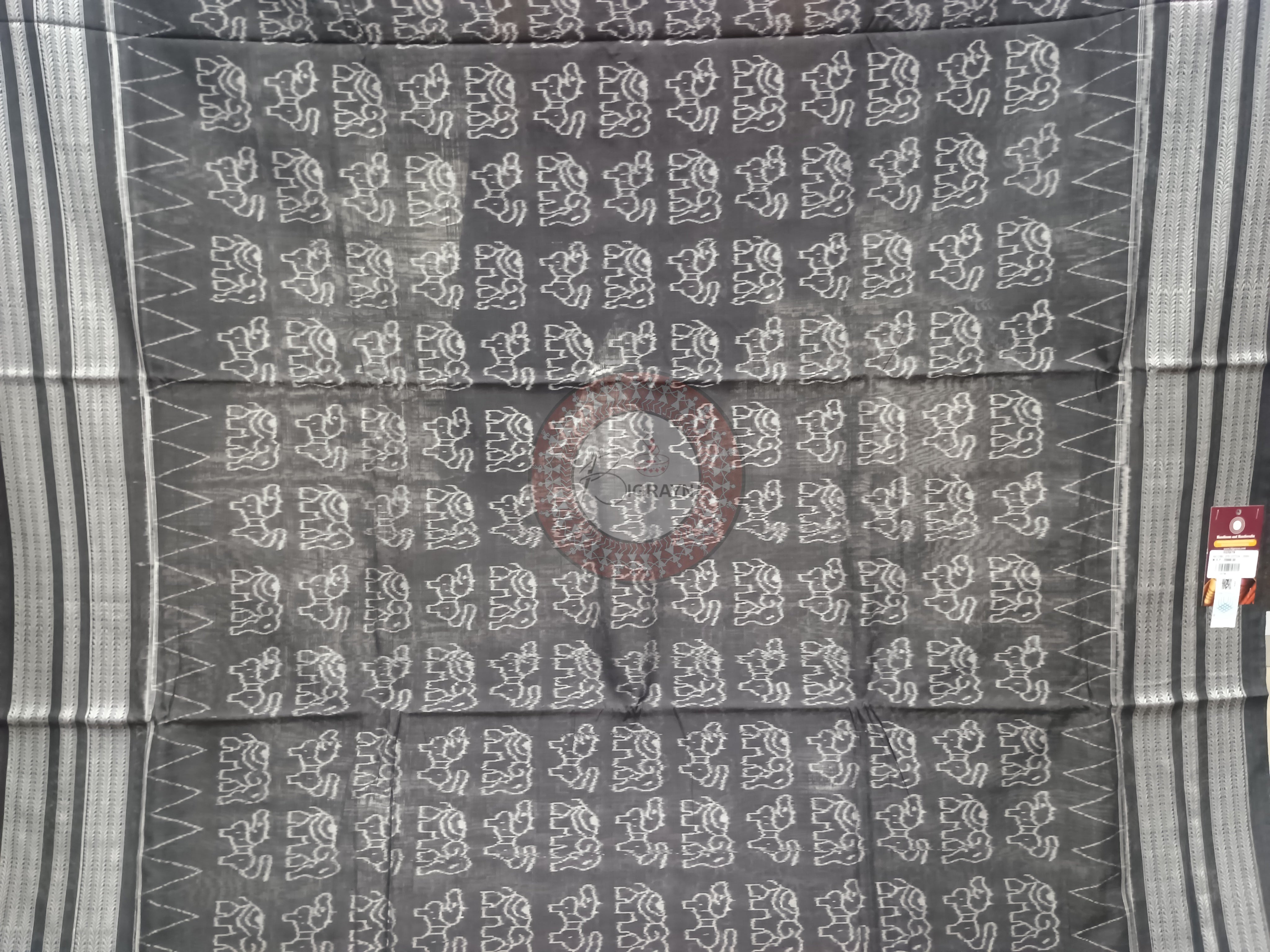 Black White Animal Design Natural Dye Cotton Saree