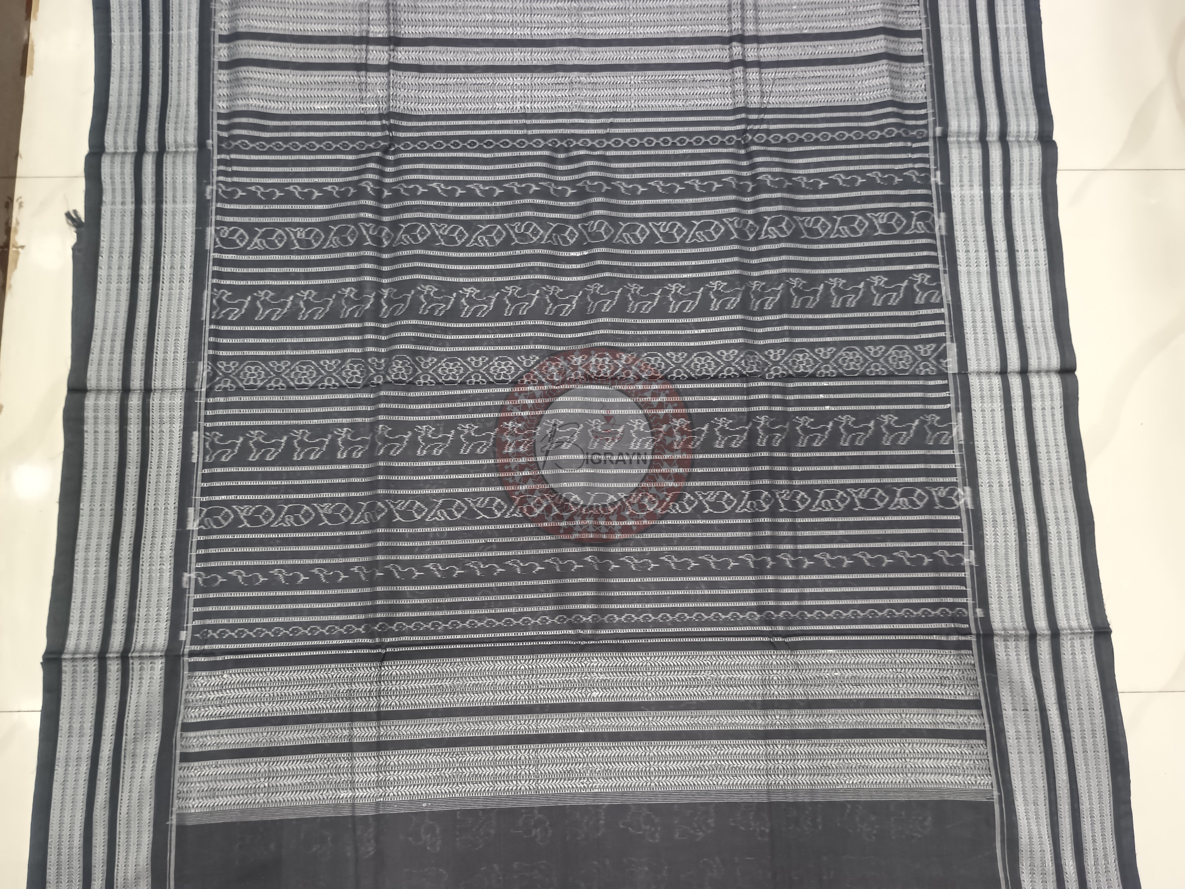 Black White Animal Design Natural Dye Cotton Saree