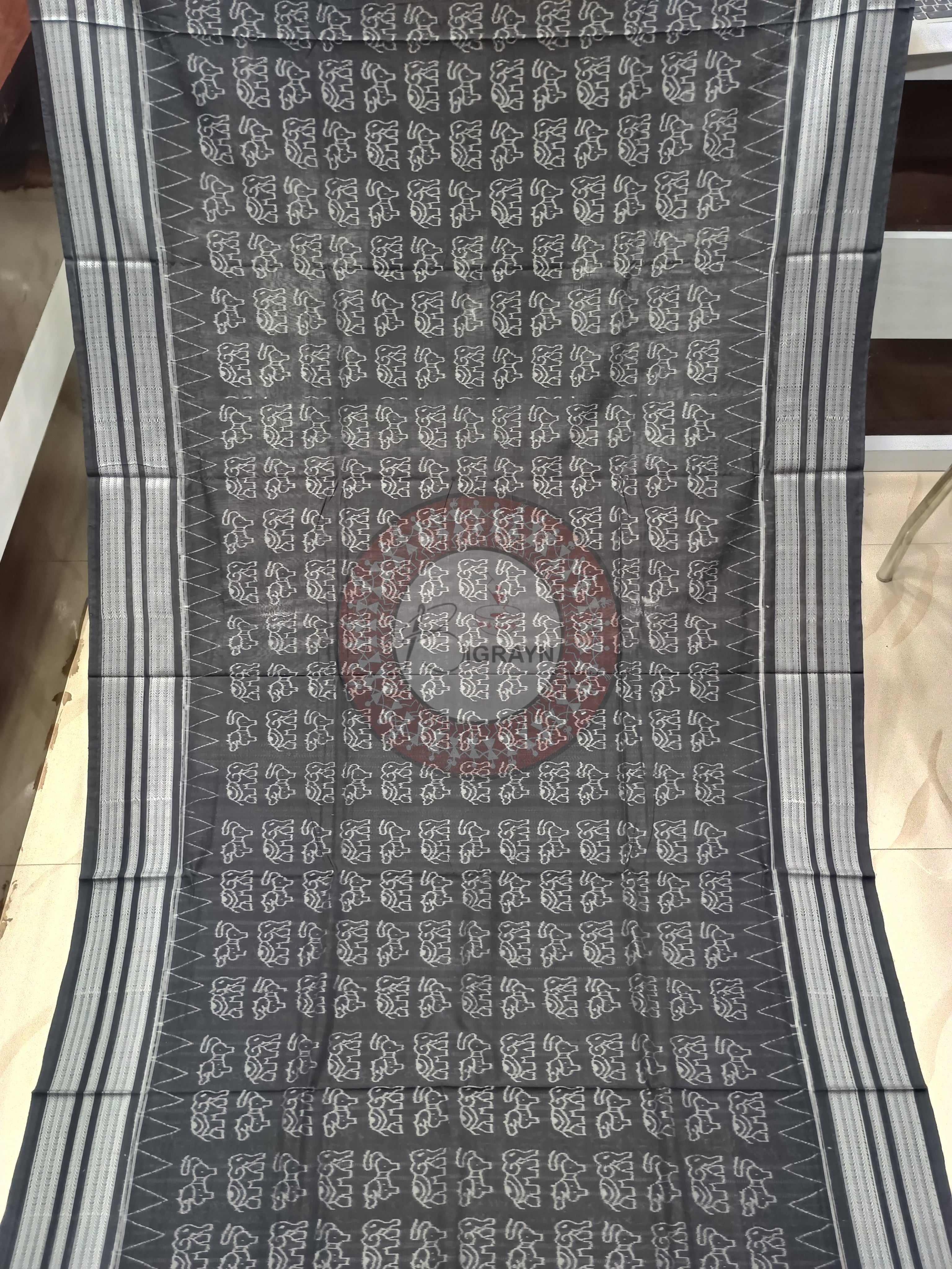 Black White Animal Design Natural Dye Cotton Saree
