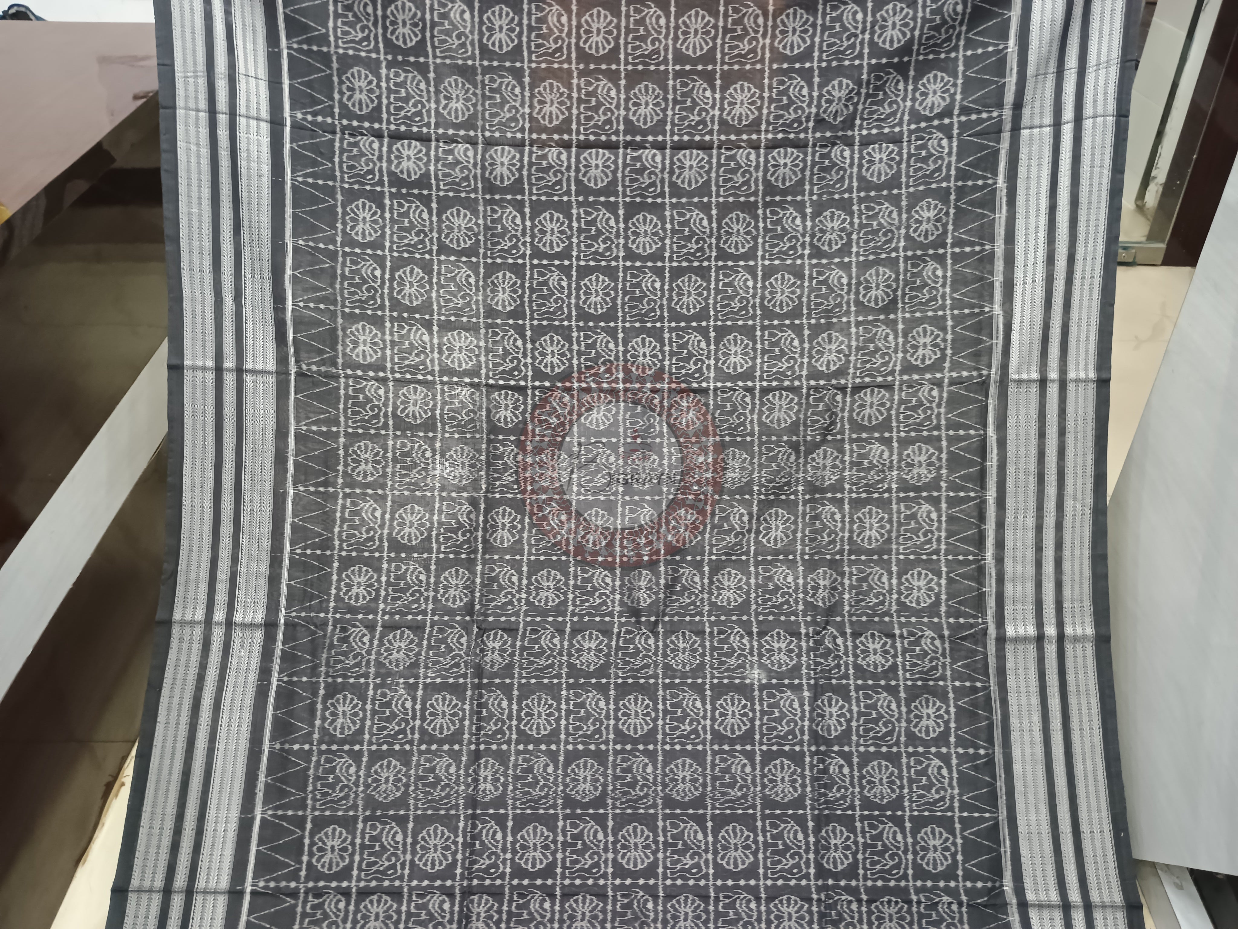 Black White Flower Elephant Design Natural Dye Cotton Saree