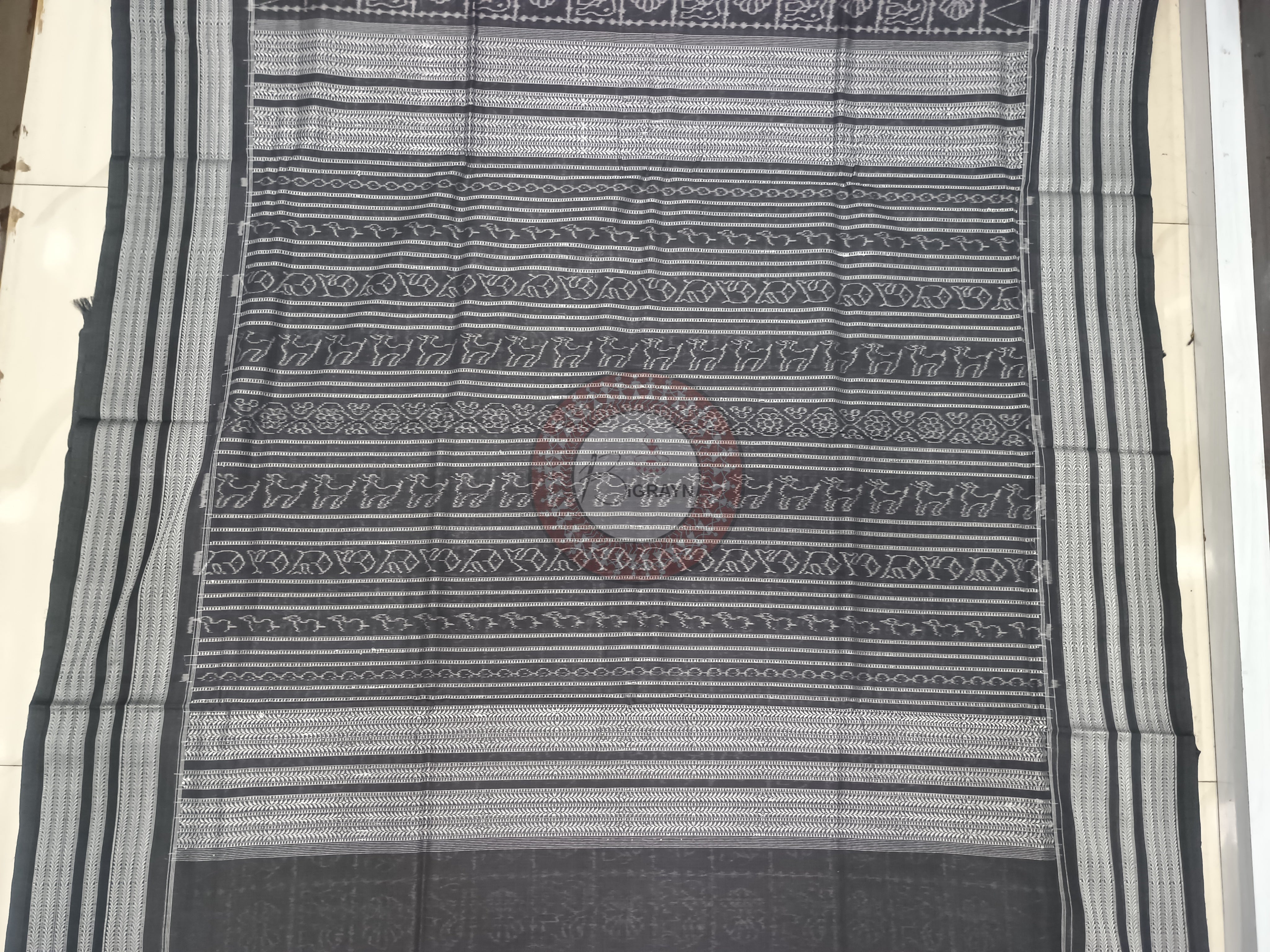 Black White Flower Elephant Design Natural Dye Cotton Saree
