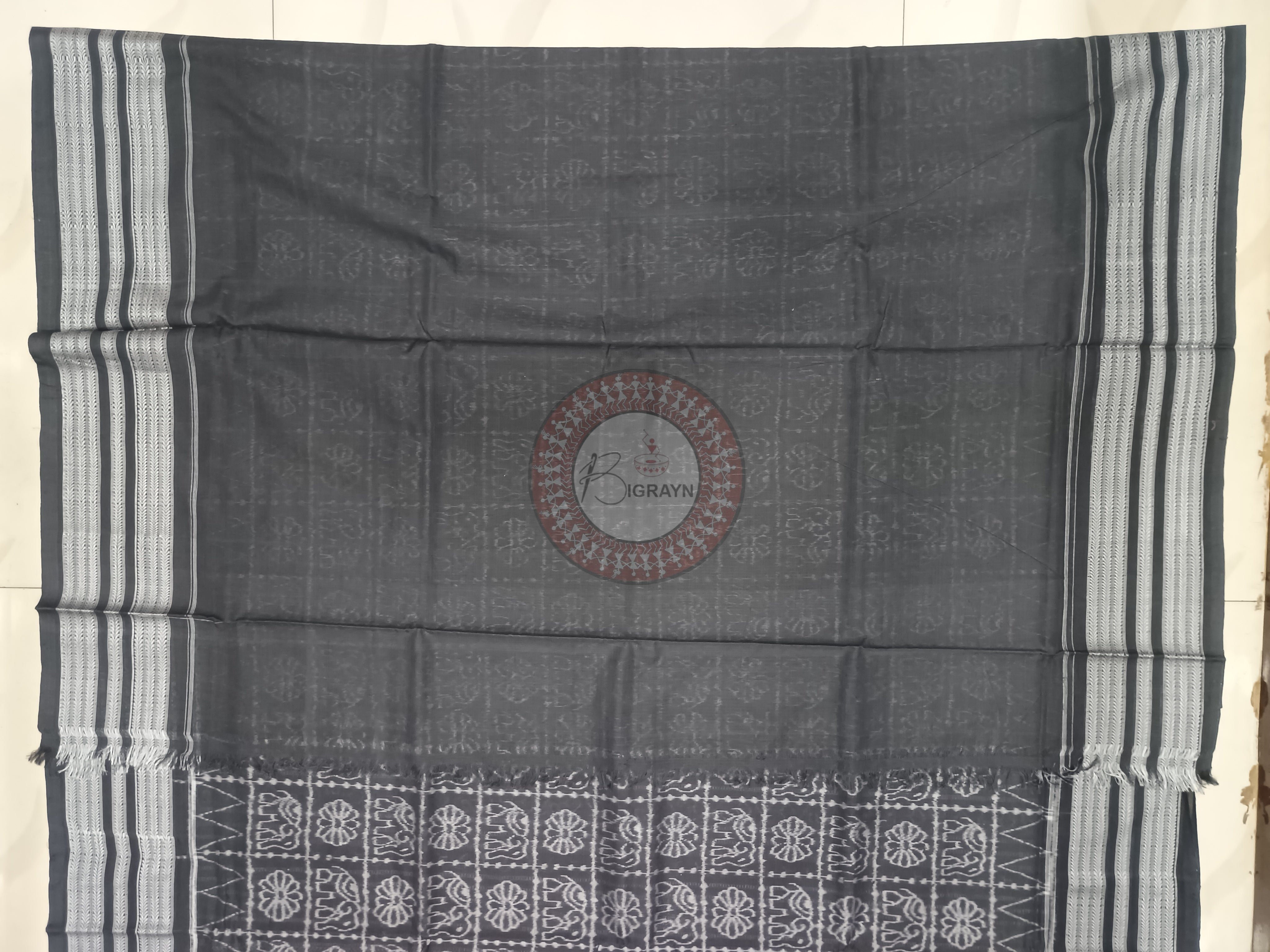 Black White Flower Elephant Design Natural Dye Cotton Saree