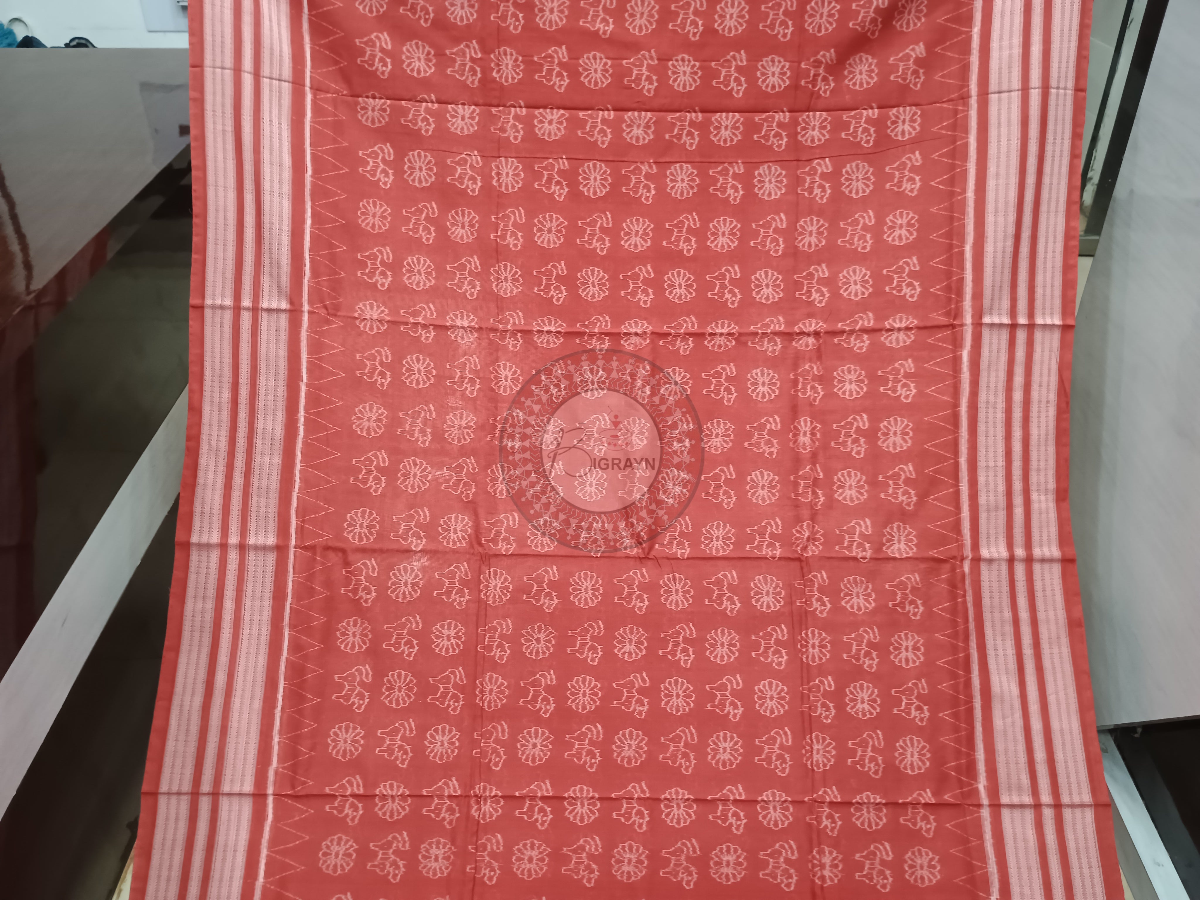 Carmine Red Flower Horse Design Natural Dye Cotton Saree