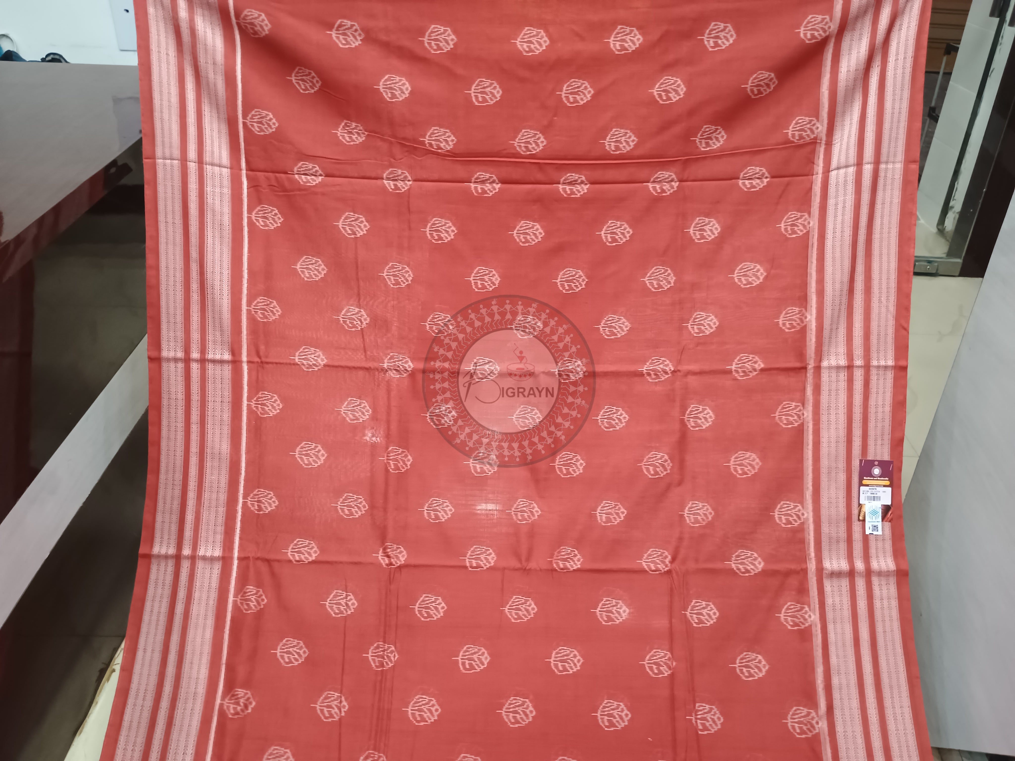 Carmine Red Leaf Design Natural Dye Cotton Saree