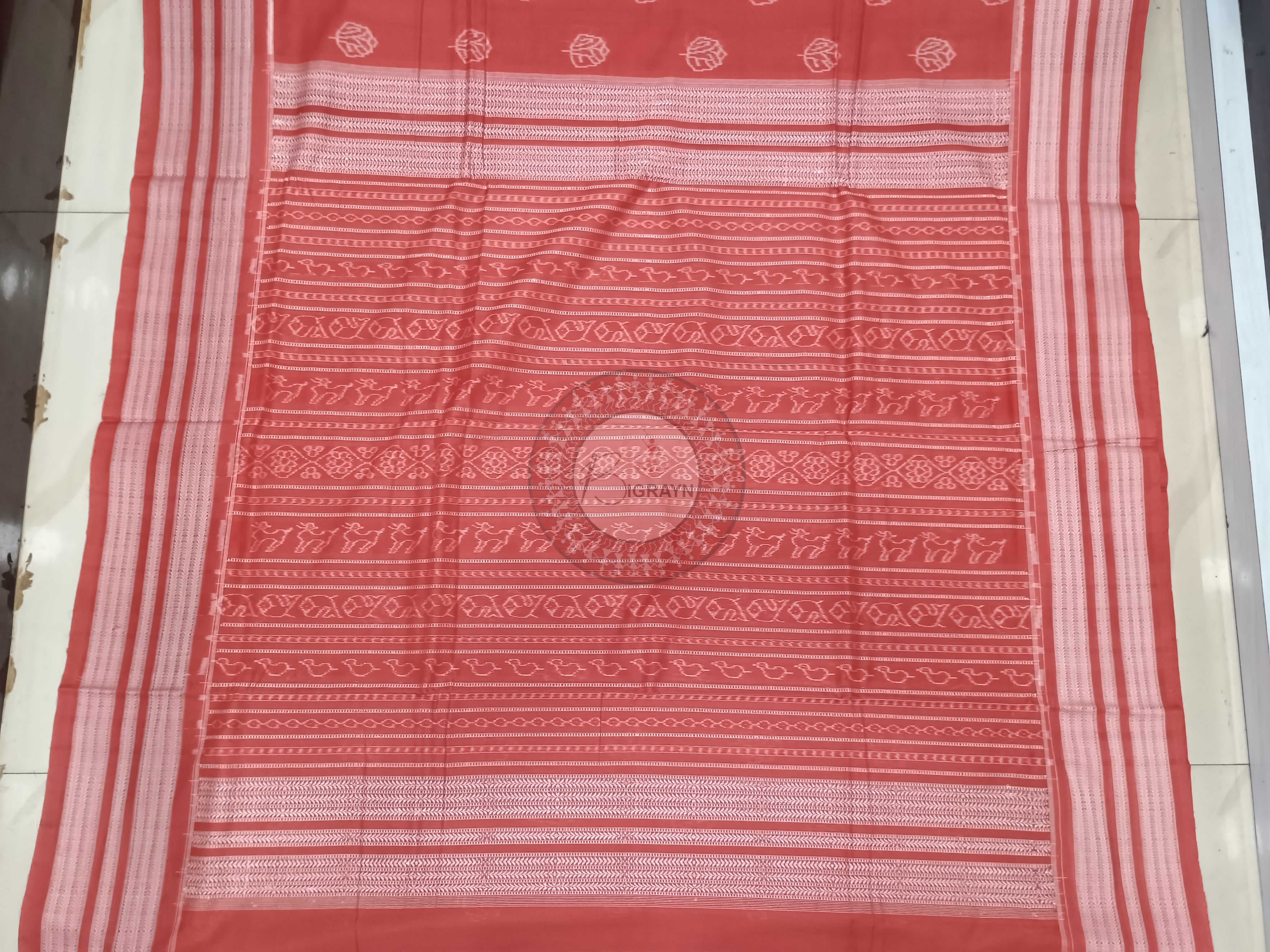 Carmine Red Leaf Design Natural Dye Cotton Saree
