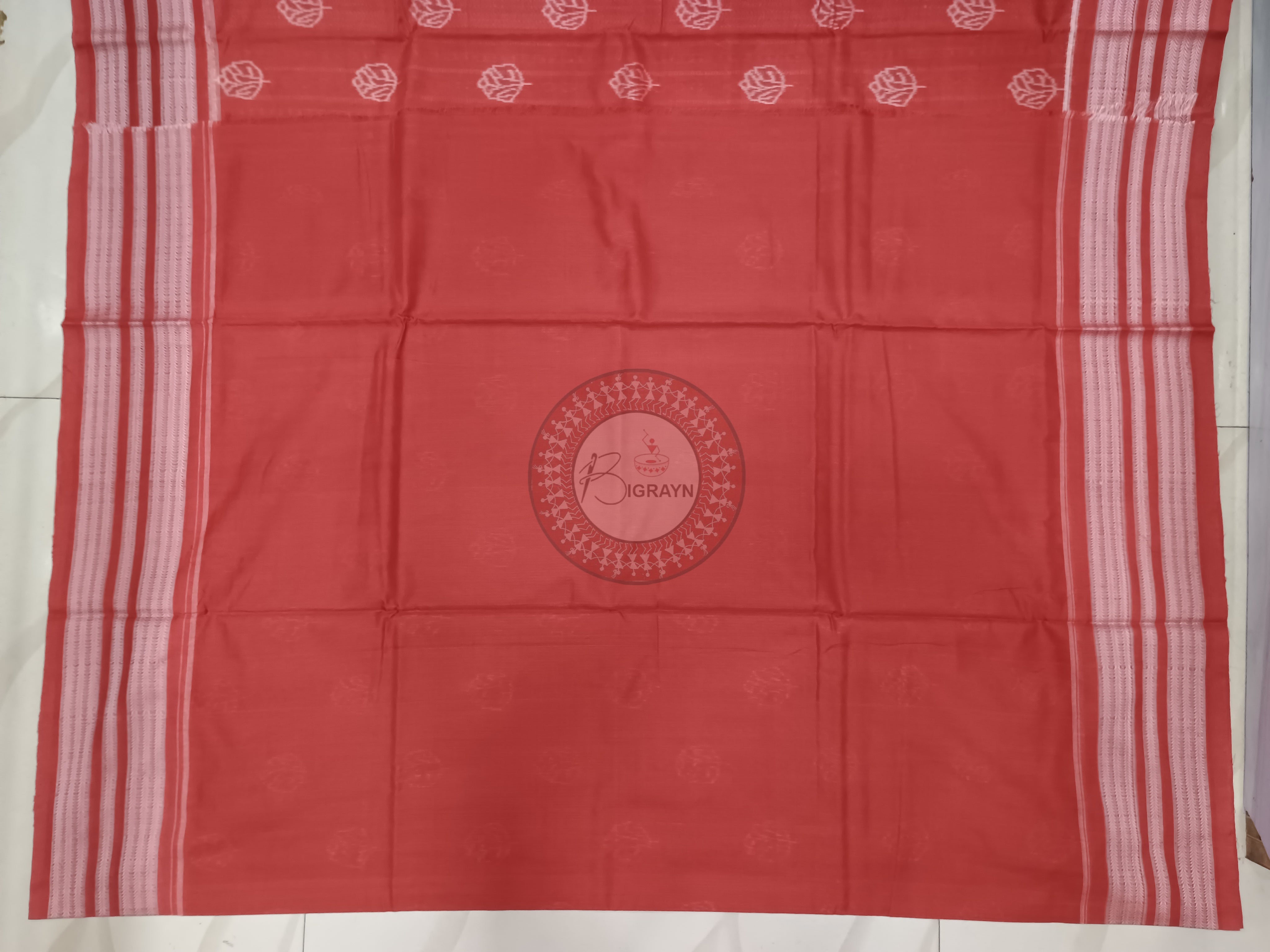 Carmine Red Leaf Design Natural Dye Cotton Saree