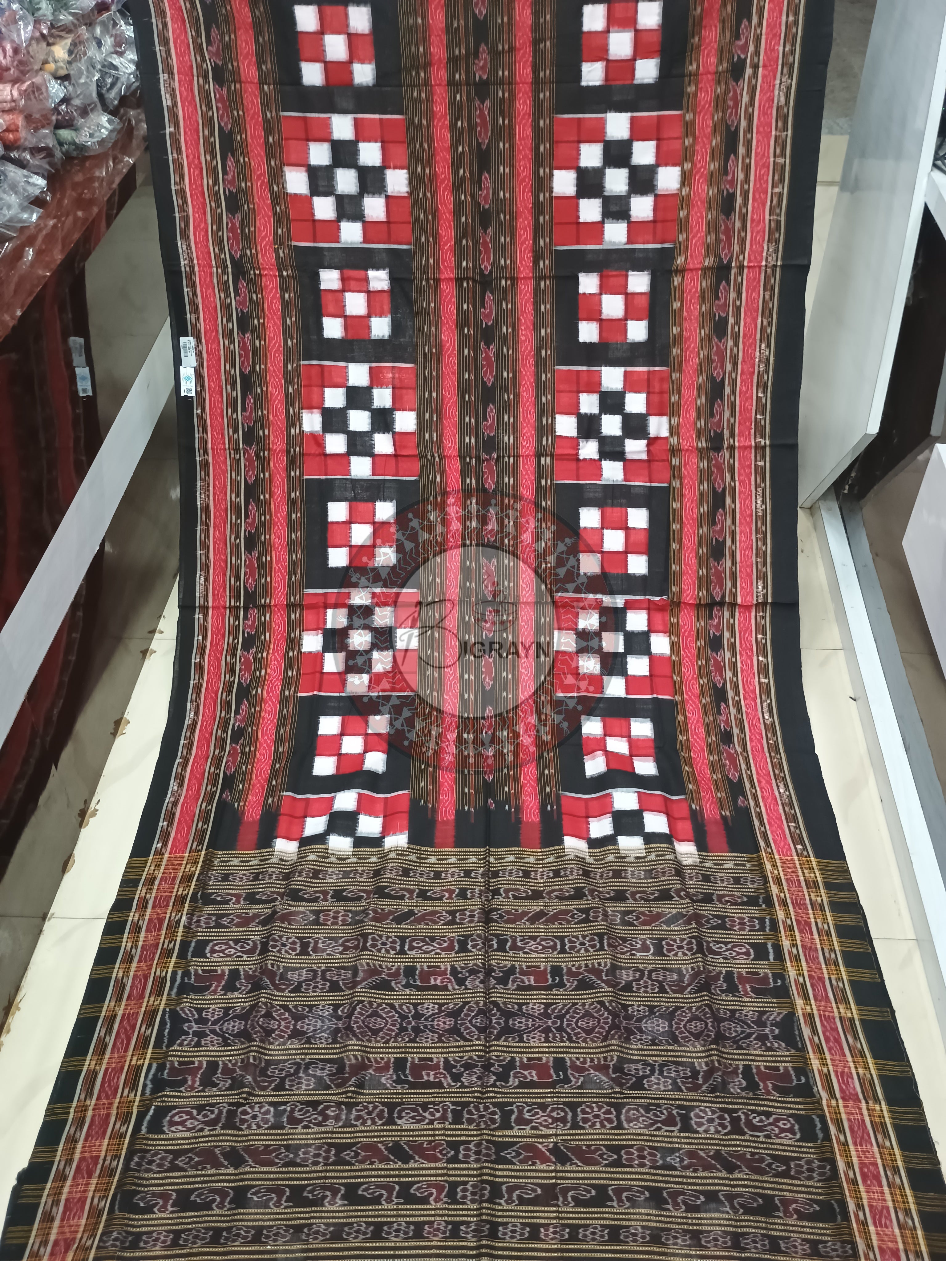 Red Black White Bichitrapuri Odisha Handloom Sambalpuri Cotton Saree