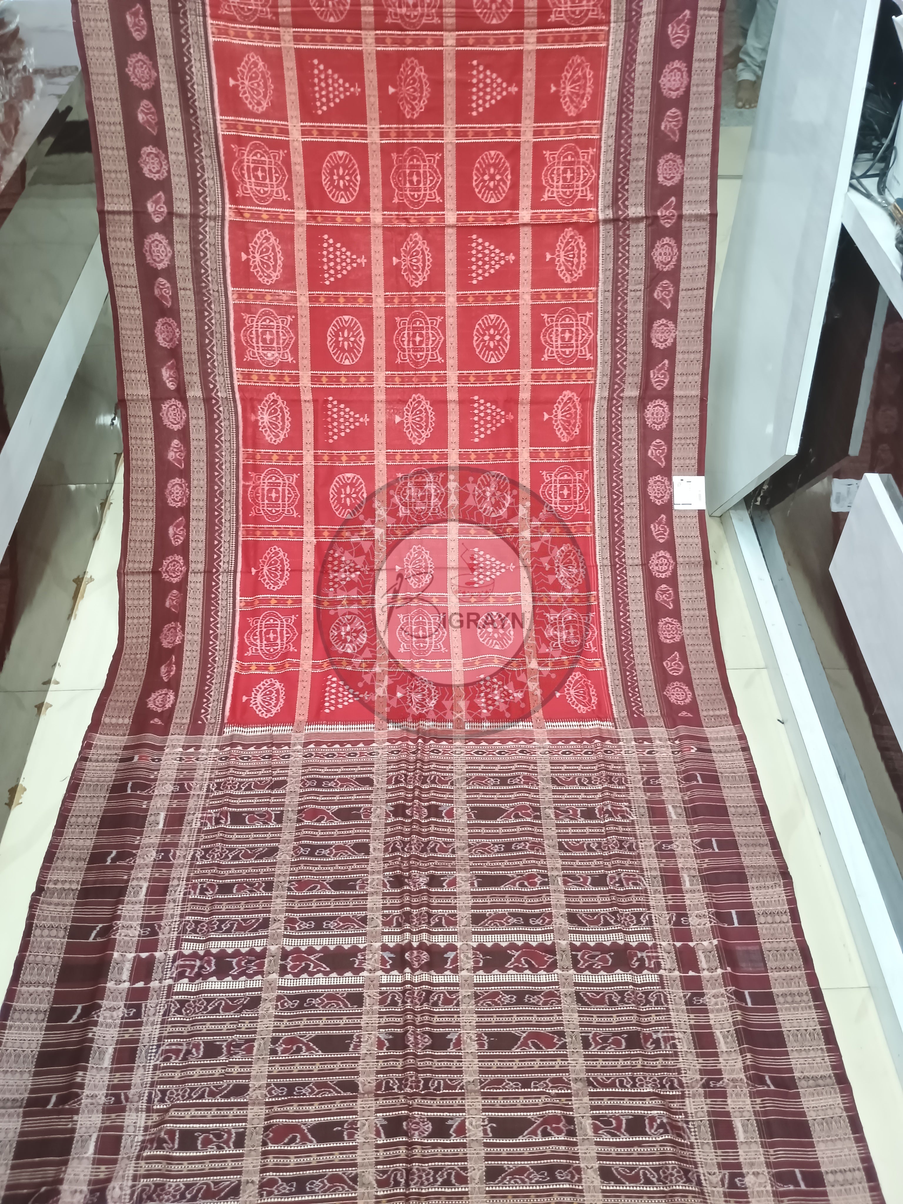 Red Coffee Chita Lotus And Laxmi Yantra Odisha Handloom Sambalpuri Cotton
