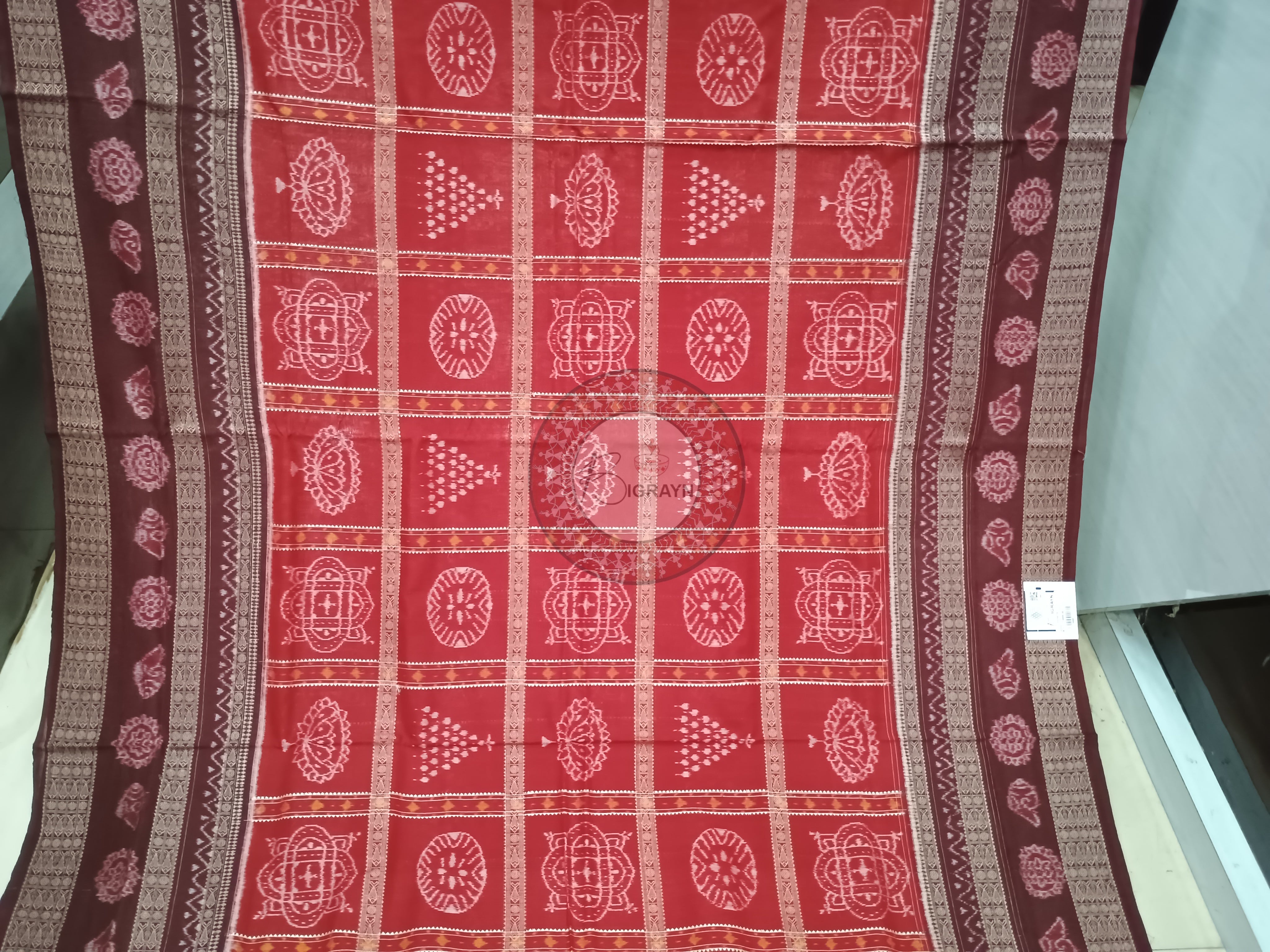 Red Coffee Chita Lotus And Laxmi Yantra Odisha Handloom Sambalpuri Cotton