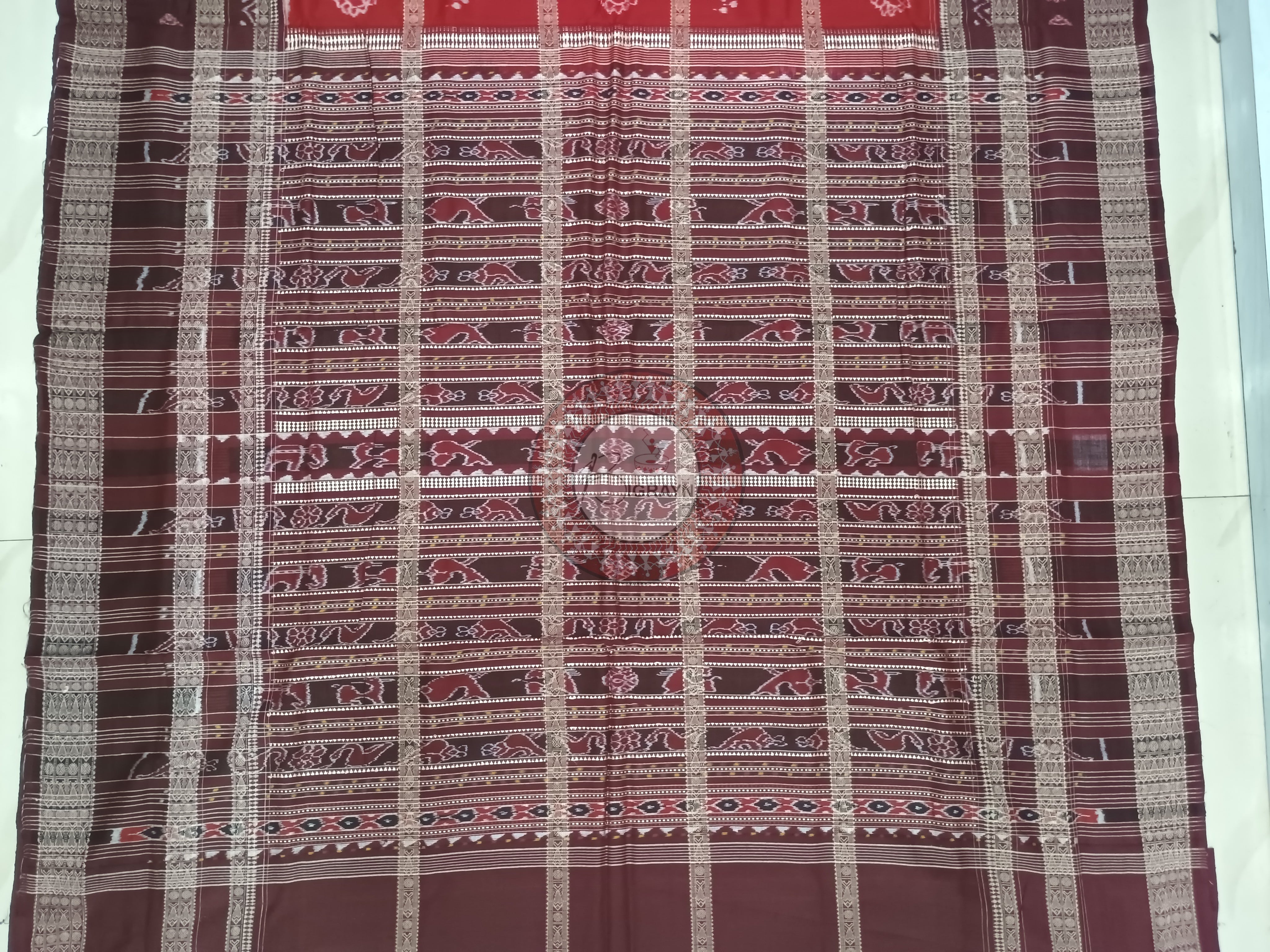 Red Coffee Chita Lotus And Laxmi Yantra Odisha Handloom Sambalpuri Cotton