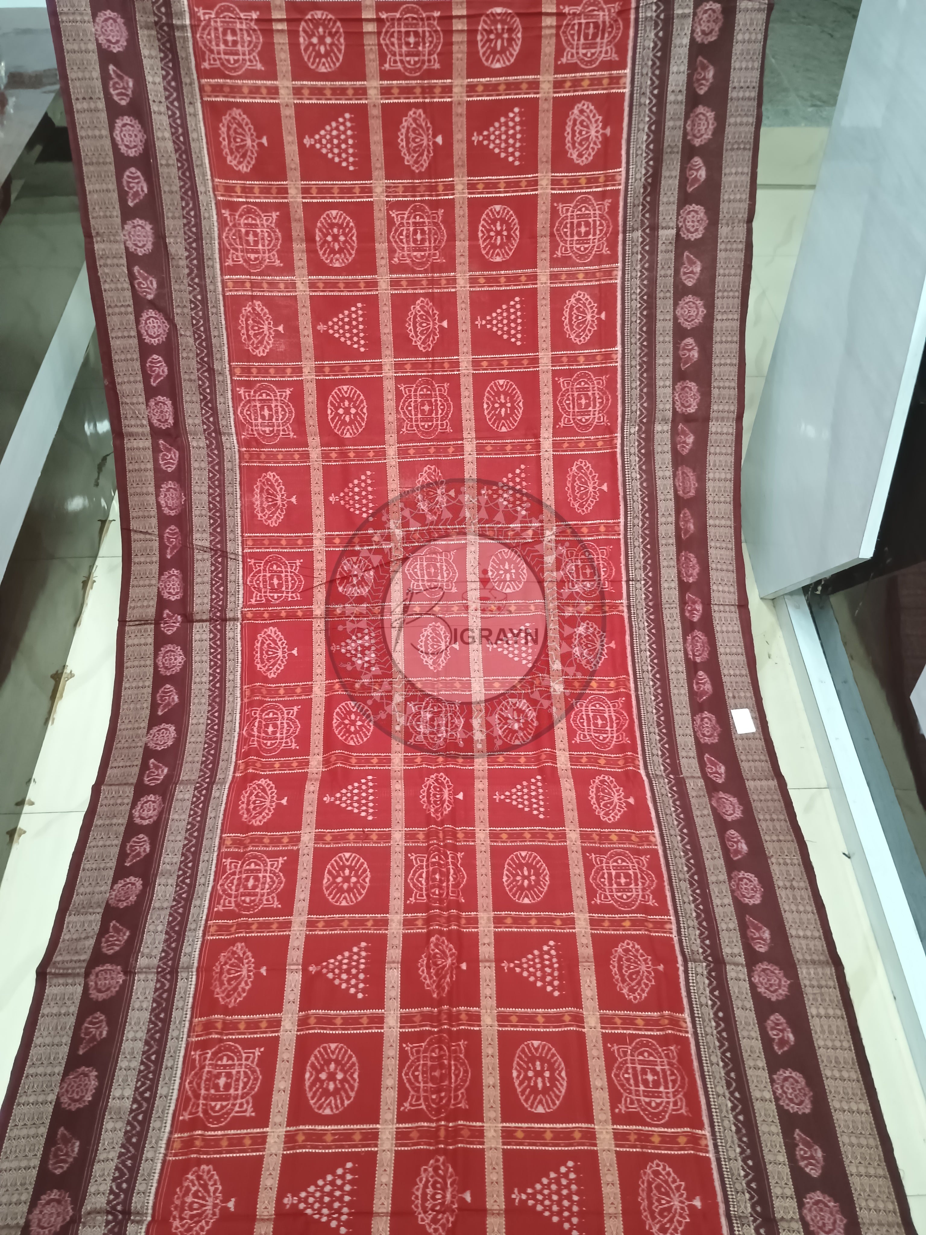 Red Coffee Chita Lotus And Laxmi Yantra Odisha Handloom Sambalpuri Cotton