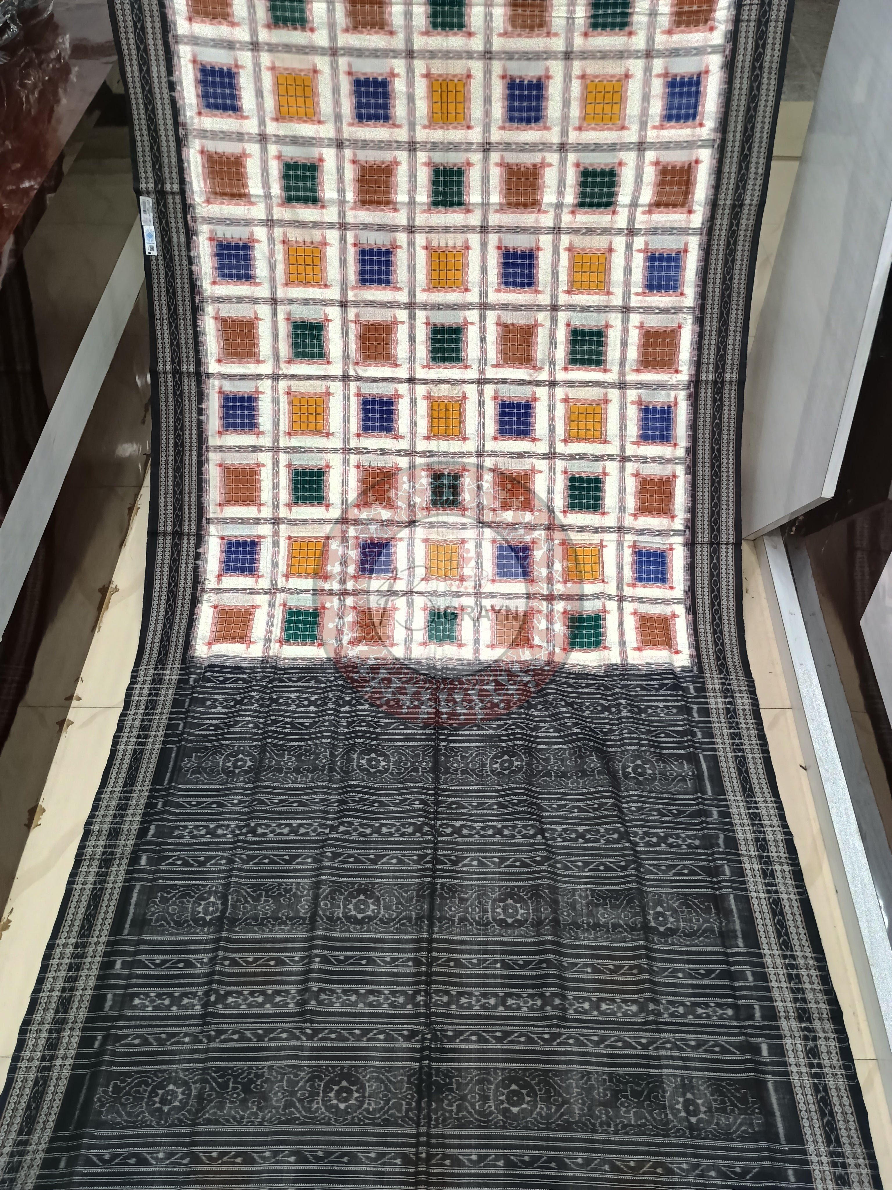 White Black Aswini Odisha Handloom Sambalpuri Cotton Saree