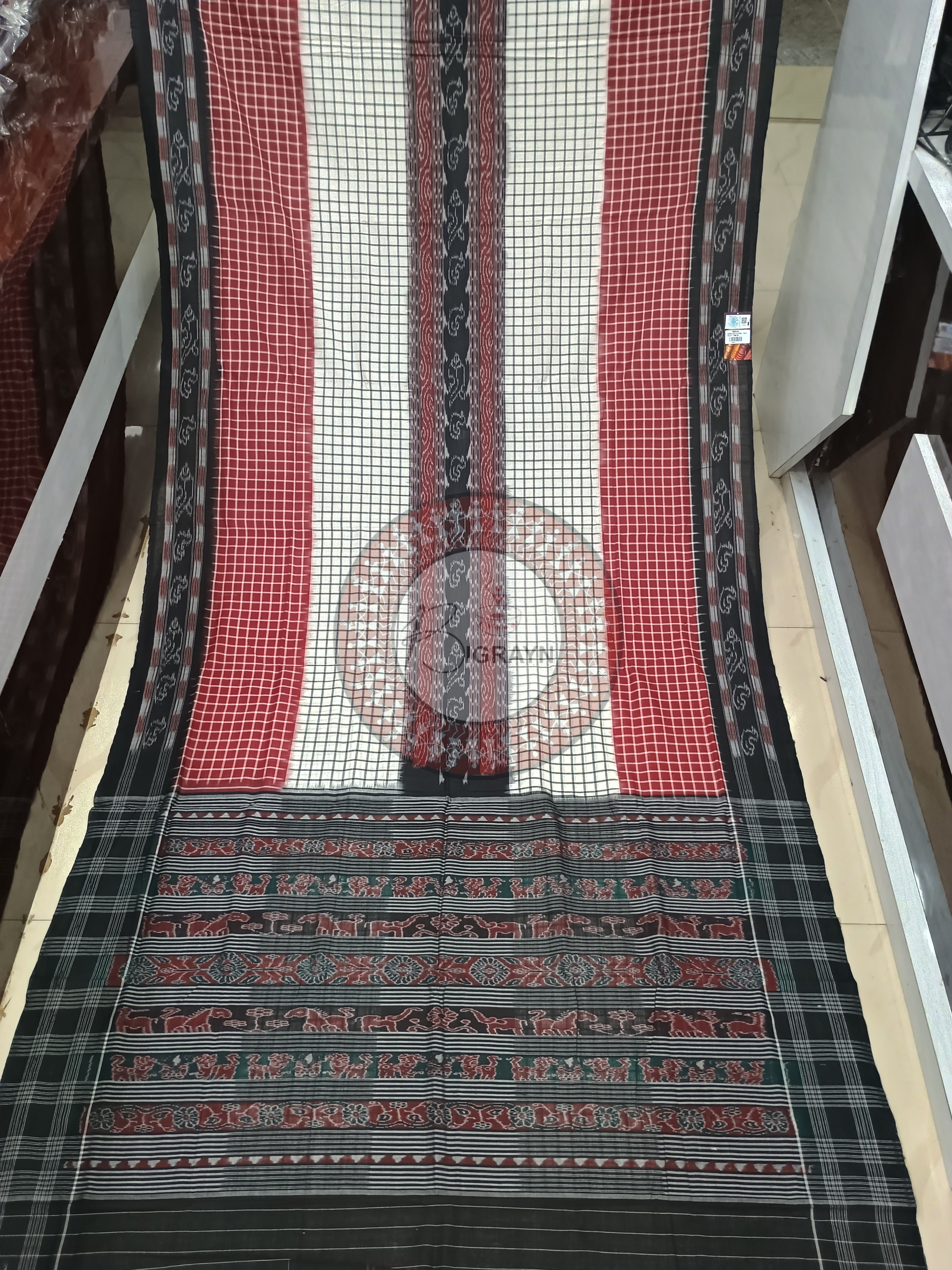 Maroon Black White Sachipar Odisha Handloom Sambalpuri Cotton Saree