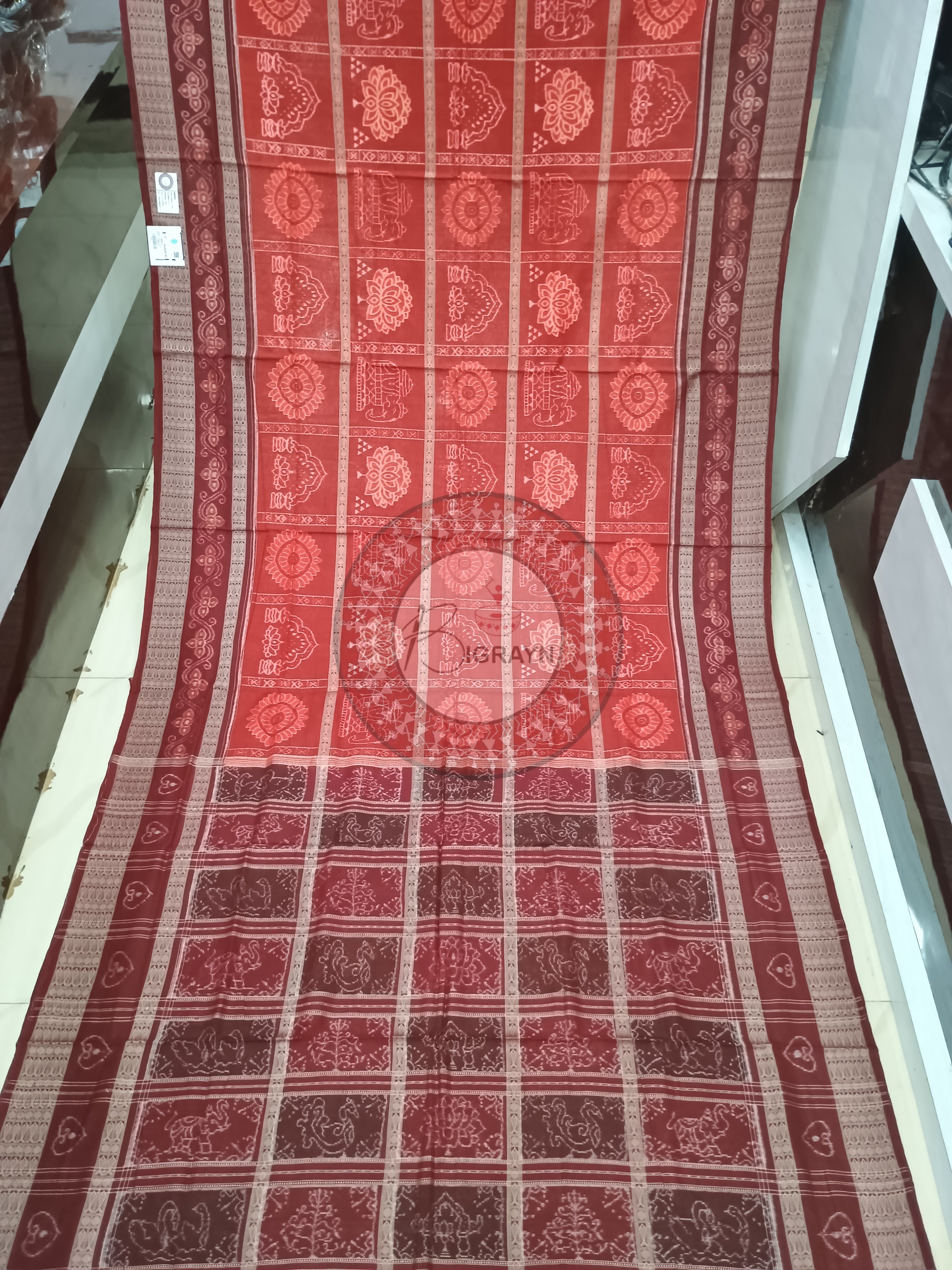 Red Maroon Lotus And Jhoti Odisha Handloom Sambalpuri Cotton Saree