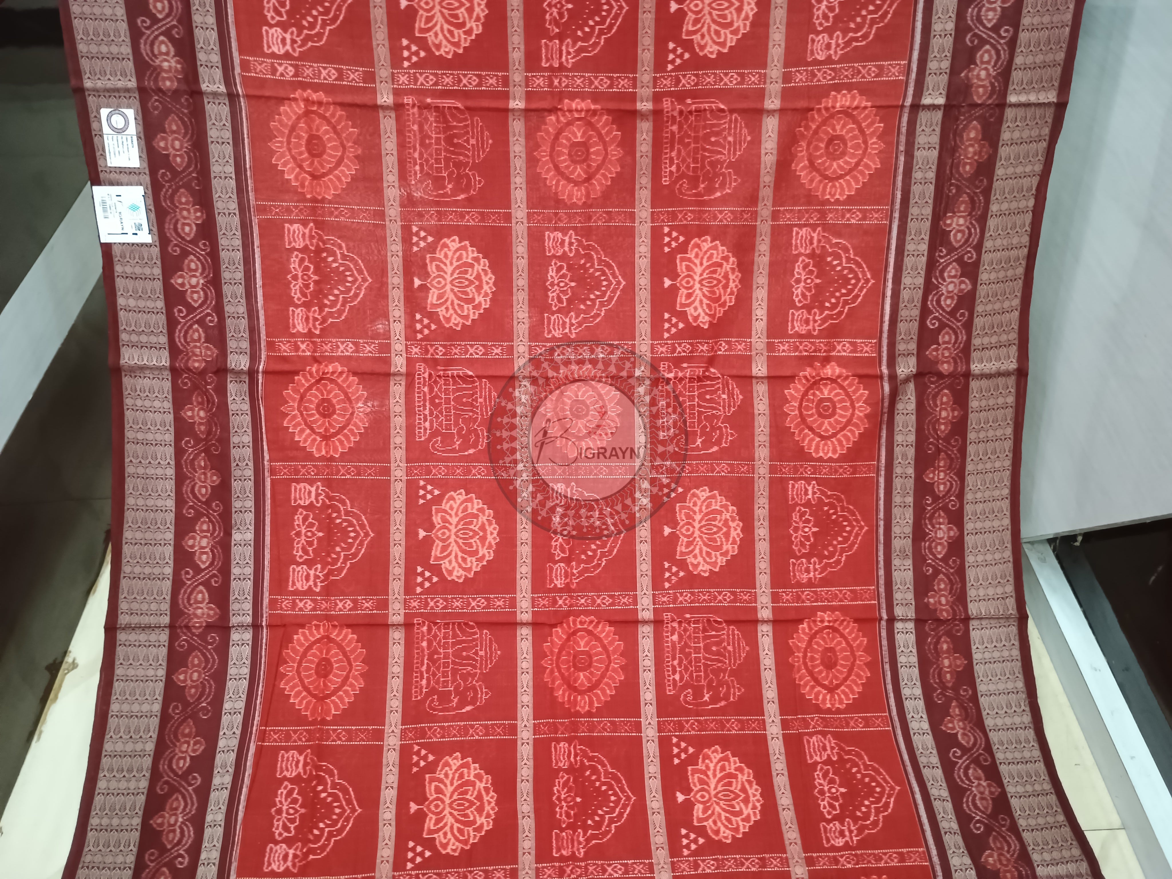 Red Maroon Lotus And Jhoti Odisha Handloom Sambalpuri Cotton Saree
