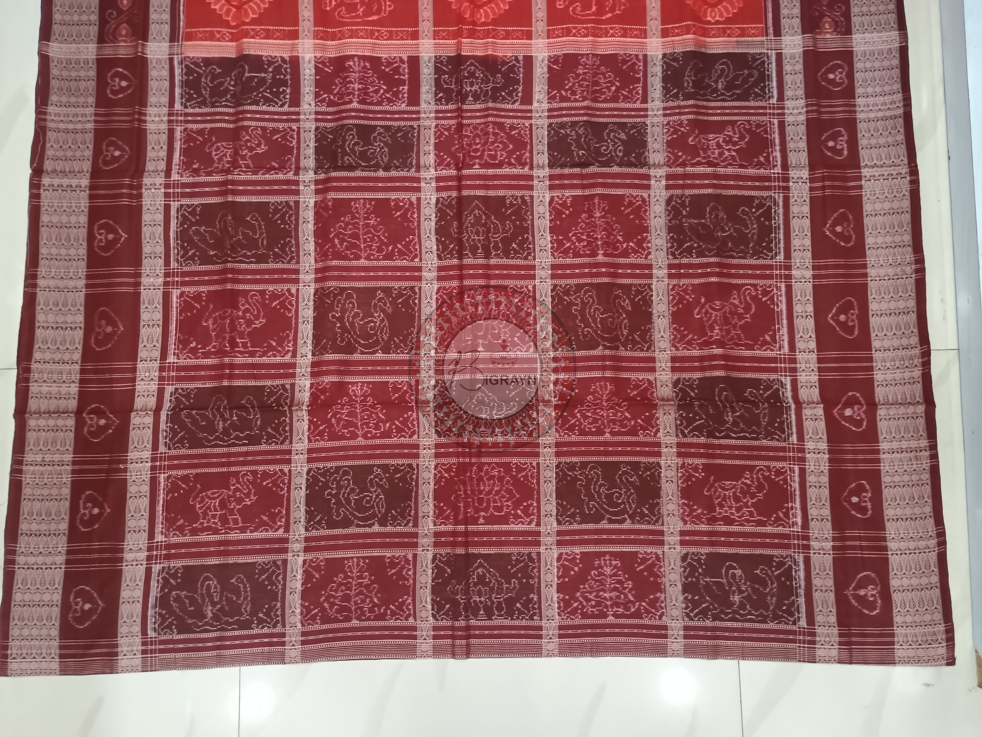 Red Maroon Lotus And Jhoti Odisha Handloom Sambalpuri Cotton Saree