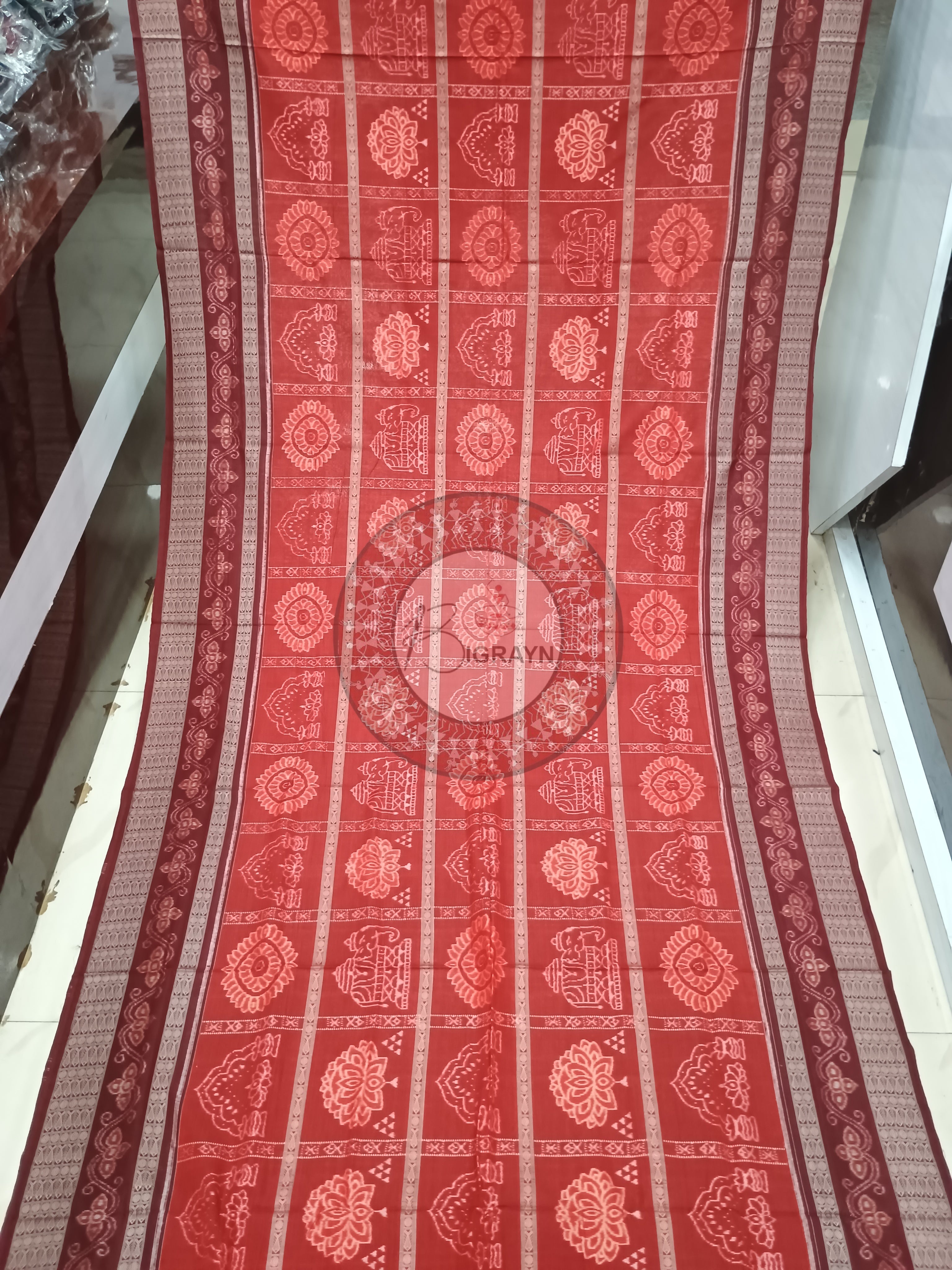 Red Maroon Lotus And Jhoti Odisha Handloom Sambalpuri Cotton Saree