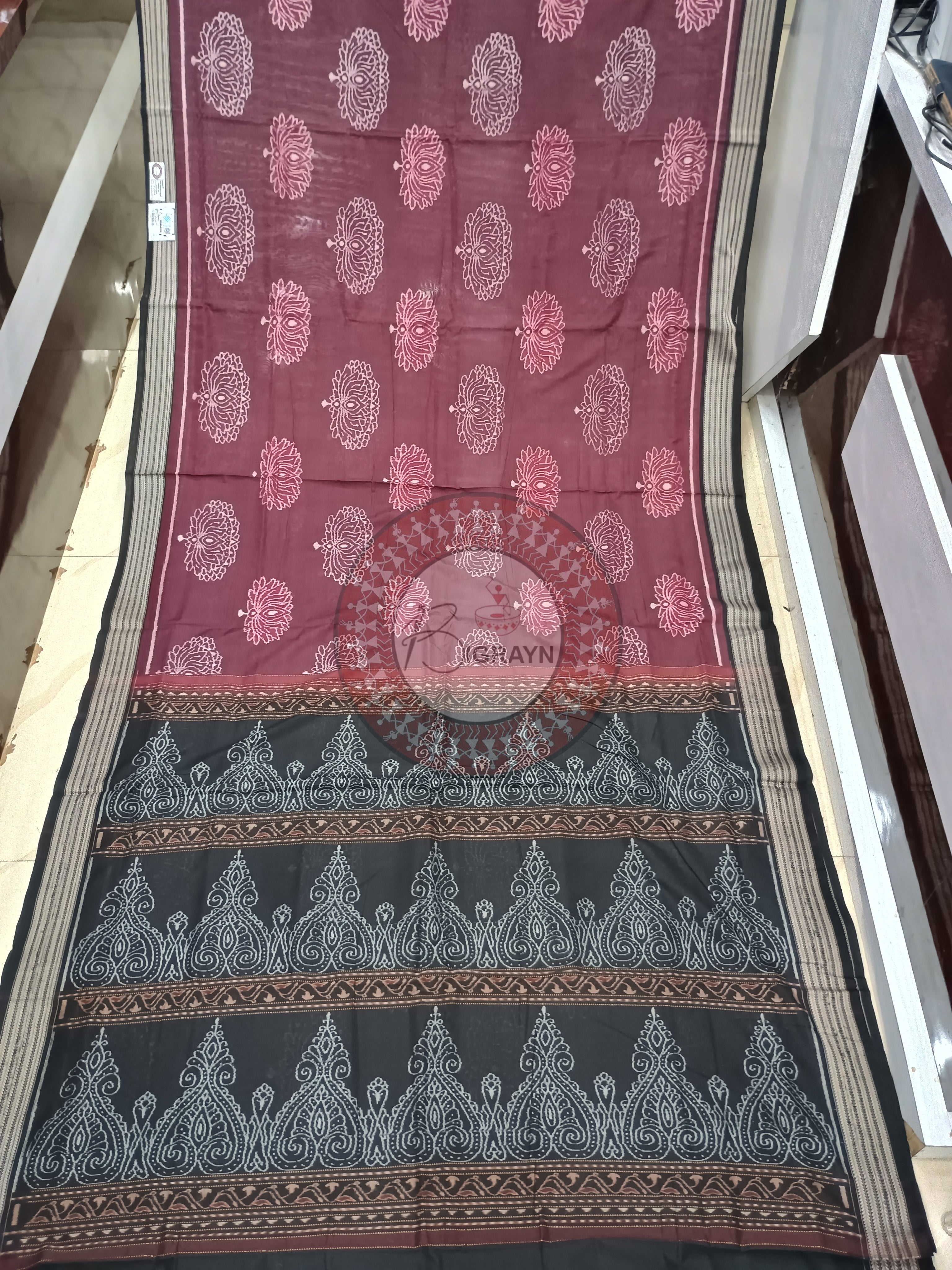 Maroon Black Lotus Odisha Handloom Sambalpuri Cotton Saree