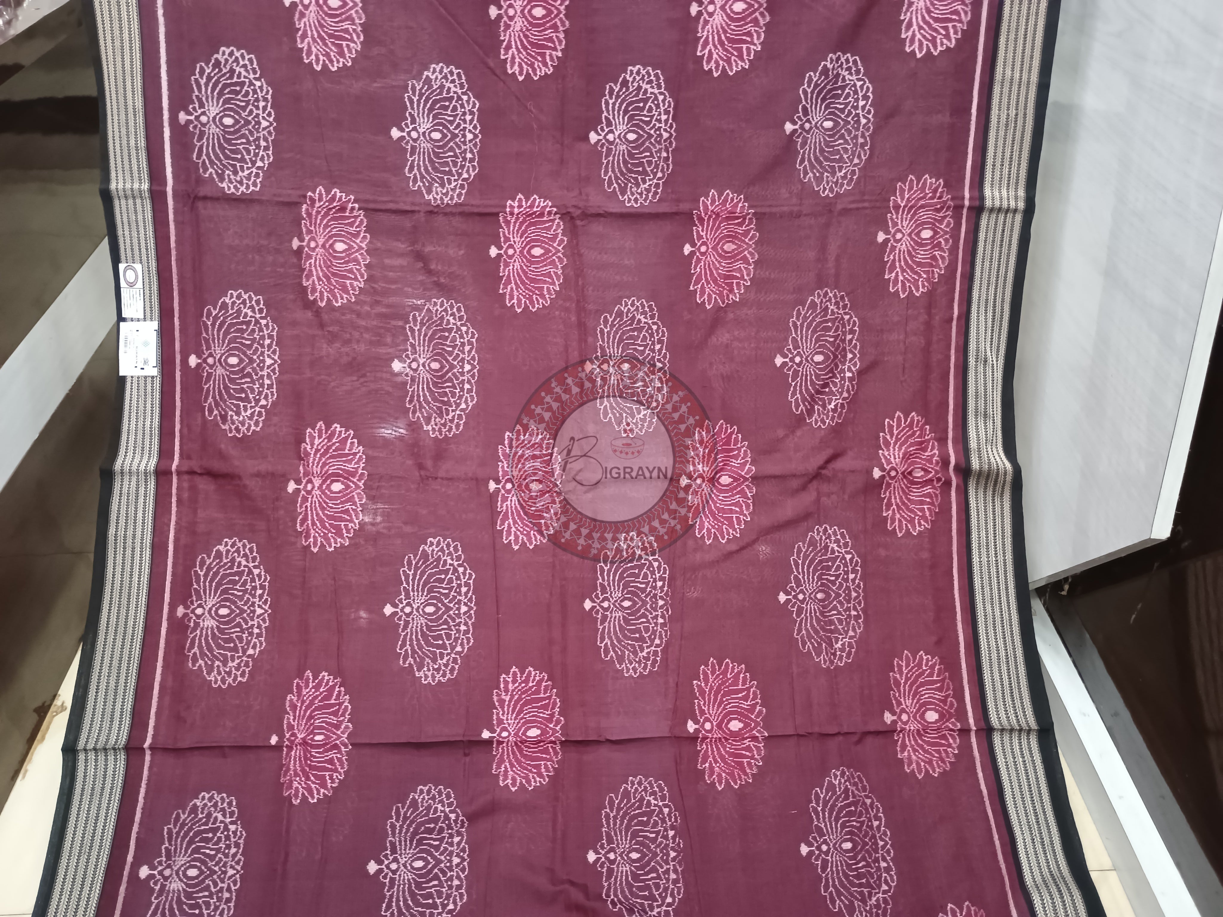 Maroon Black Lotus Odisha Handloom Sambalpuri Cotton Saree