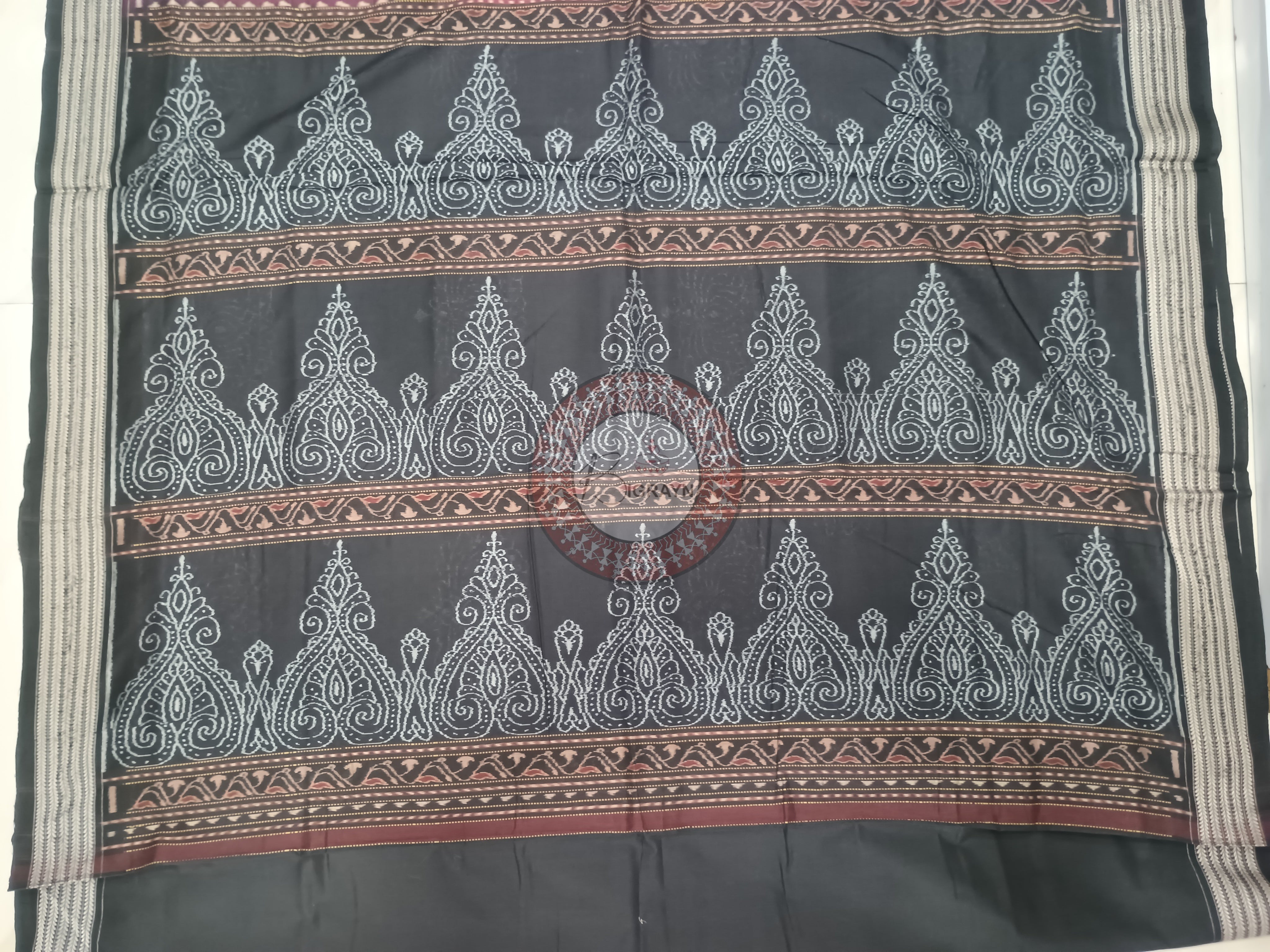 Maroon Black Lotus Odisha Handloom Sambalpuri Cotton Saree