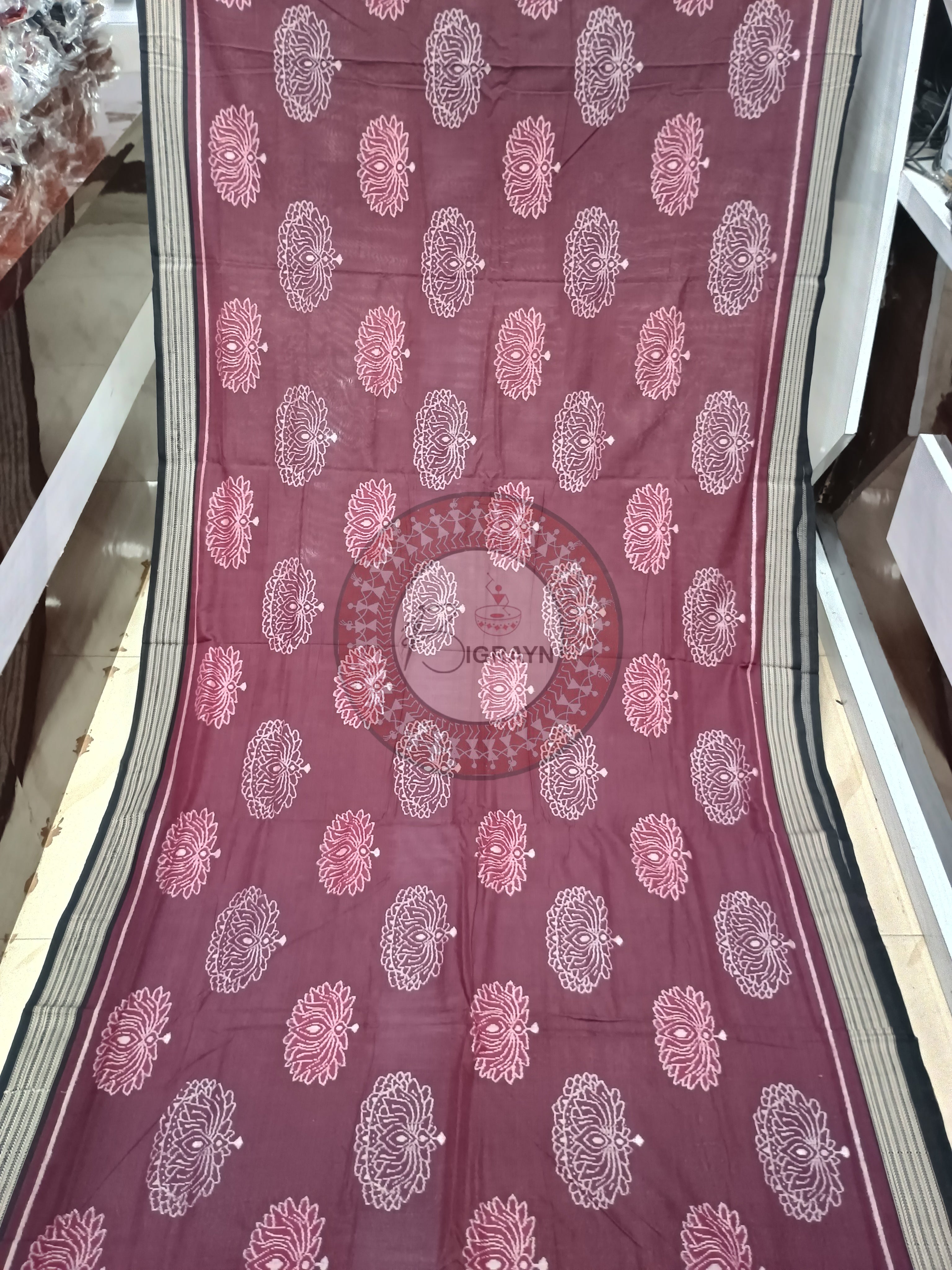 Maroon Black Lotus Odisha Handloom Sambalpuri Cotton Saree