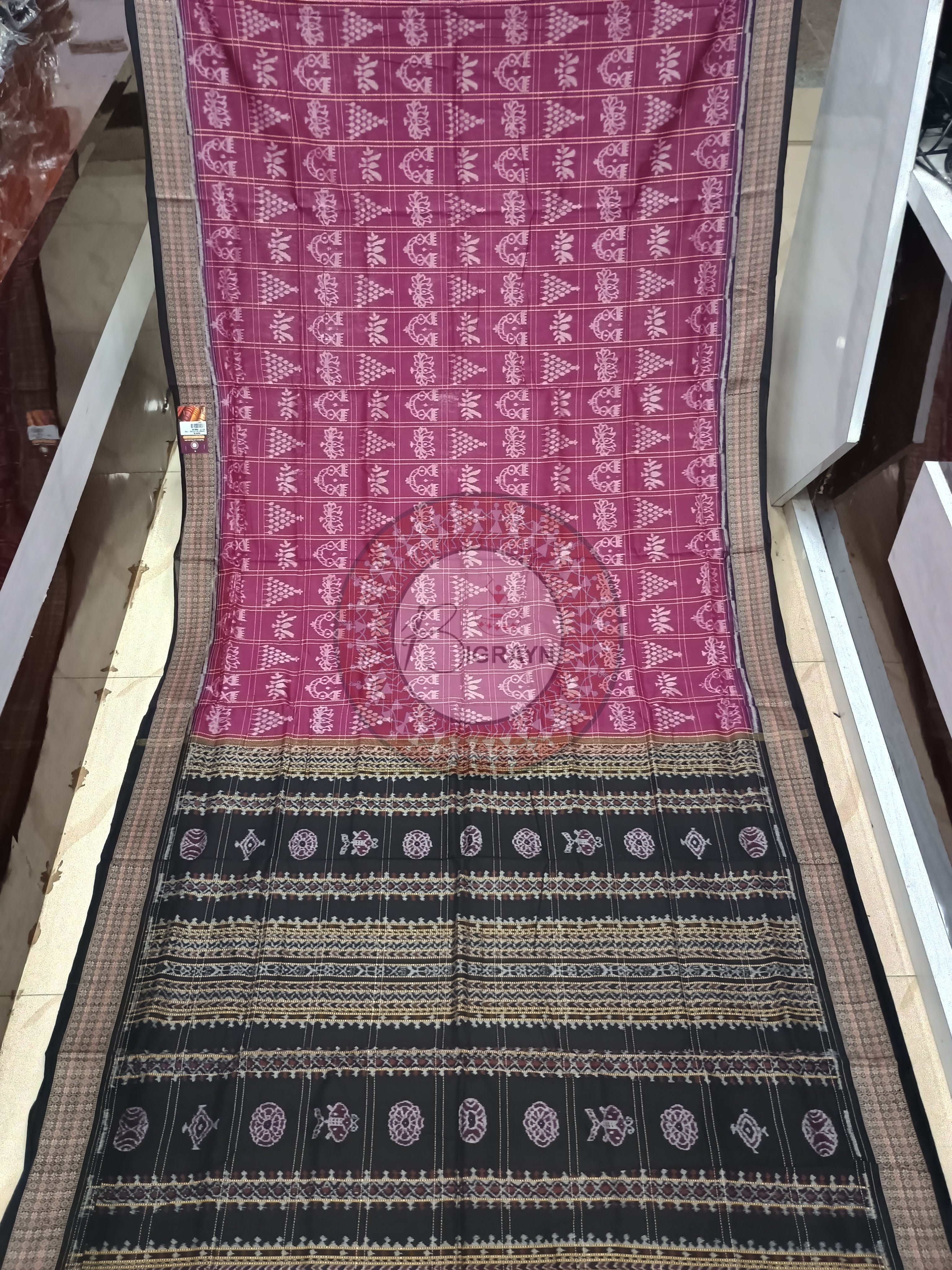 Magenta Black Laxmi Pada Jhoti Odisha Handloom Sambalpuri Cotton Saree