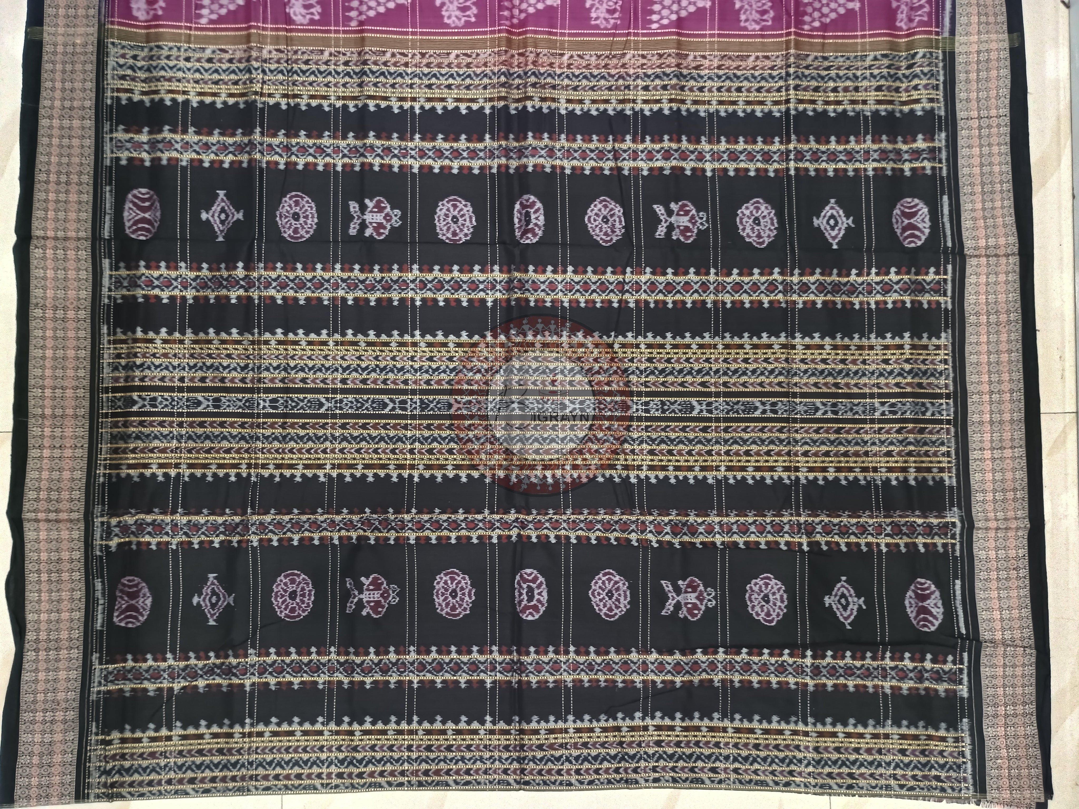 Magenta Black Laxmi Pada Jhoti Odisha Handloom Sambalpuri Cotton Saree