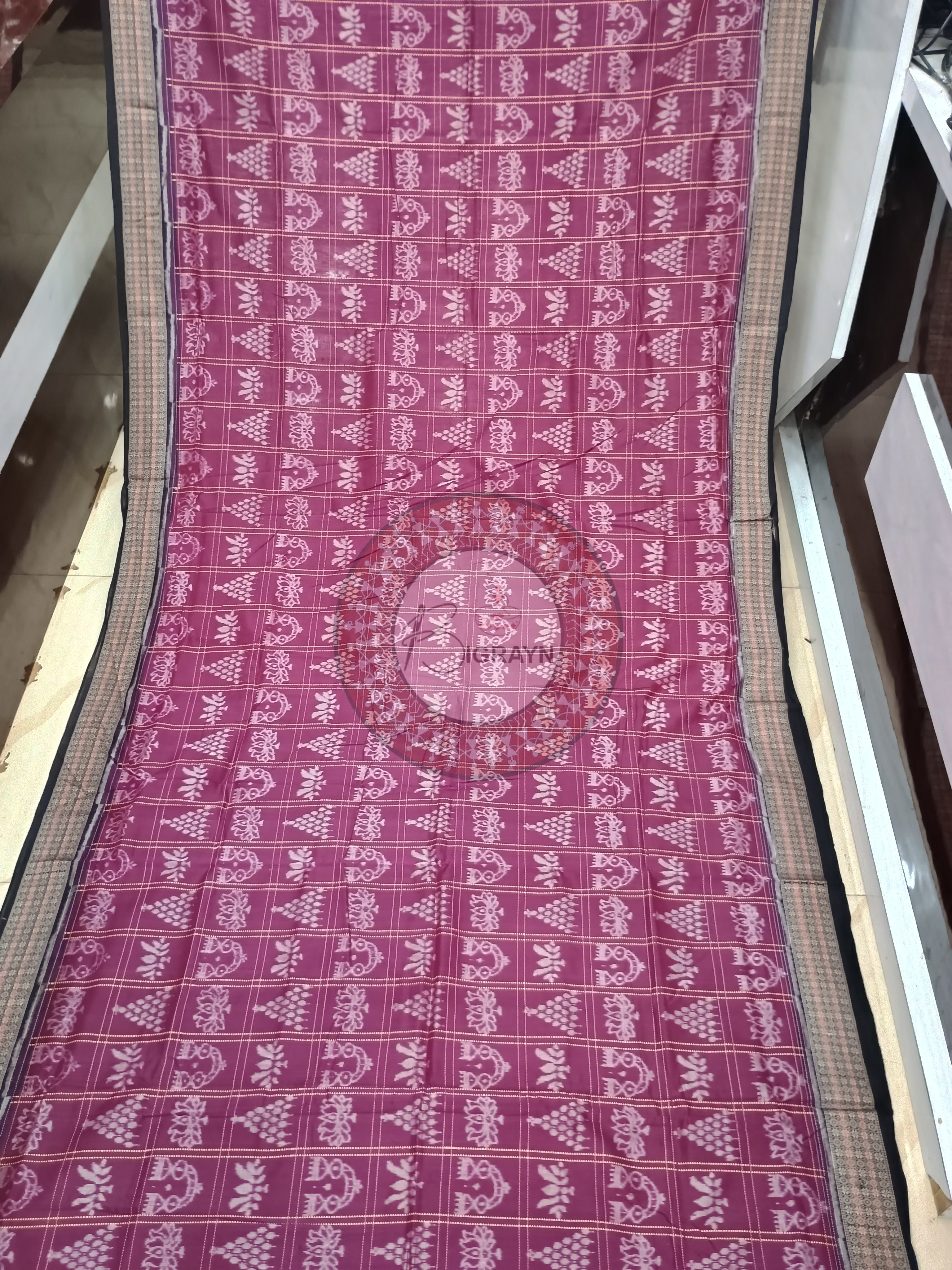 Magenta Black Laxmi Pada Jhoti Odisha Handloom Sambalpuri Cotton Saree